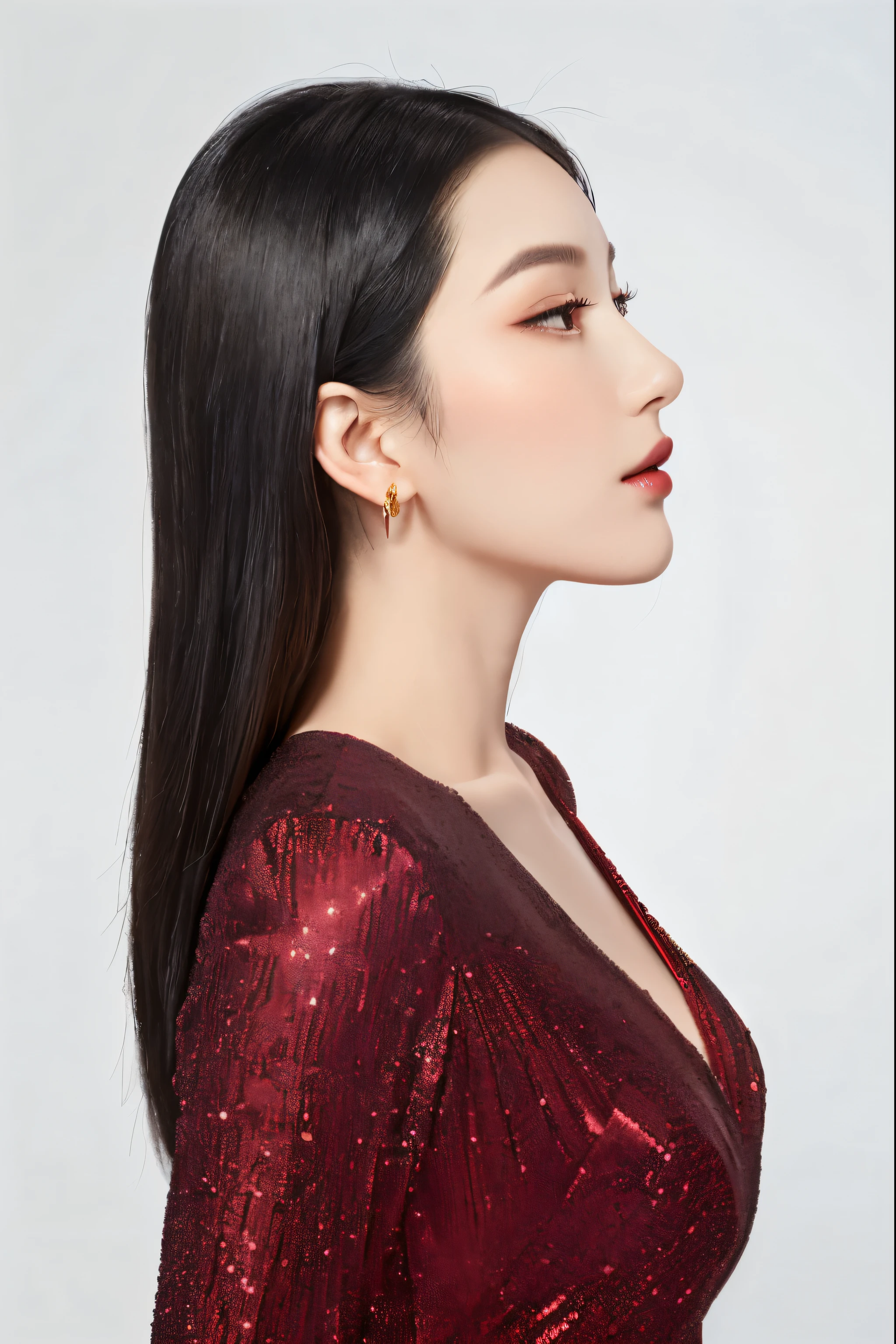 arafd woman，Long black hair，Wearing a red dress，Wearing gold earrings, elegant Side pose, Profile portrait, elegant Side pose, Waist-up portrait, Side pose, glamor Side pose, profile of a woman, Profile portrait照, Profile portrait centered, Side pose, Side pose, Portrait centered in profile, Inspired by Huang Ji