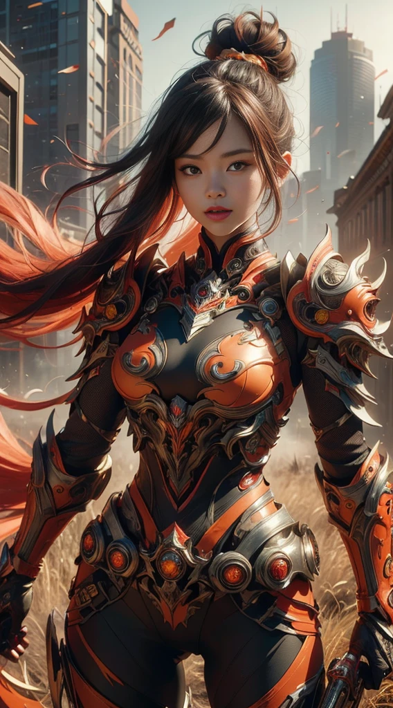 miling minchen, aburdes, (mouth:1.16) closed, balanced eyes, (Best quality details:1.2),realistic,8K High definition,Ultra Detailed,High quality texture,intricate details,detailed texture, finely detailed, high detail, extremely detailed high quality cyber mechanics 1girl sexy punk,red yellow white orange armored background of vast grassland and abandoned city