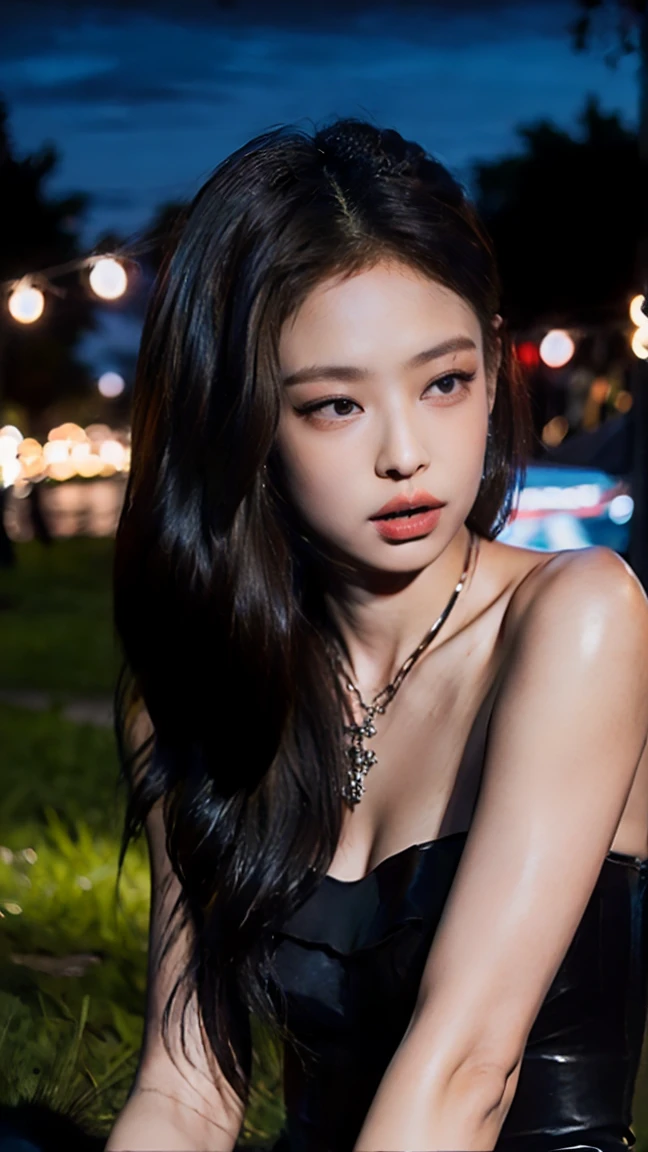 (Masterpiece), (Realistic), (best quality), (8K), ultra-detailed, UHD, blackpink jennie, dark red lips,(small arched eyebrows), most beauty young girl, extremely beautiful, dark black eyes, black hair, long hair , thin fit figure, hourglass figure, 163 tall, wearing a black strapless long slit dress (kneel city+at+fire at+night+beach),