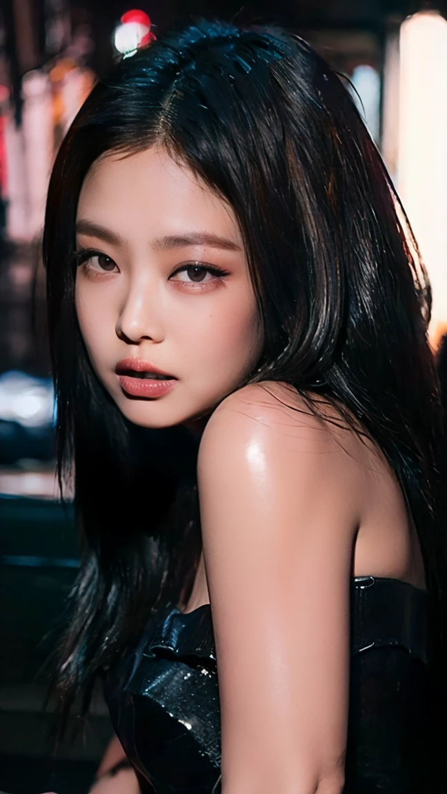 (Masterpiece), (Realistic), (best quality), (8K), ultra-detailed, UHD, blackpink jennie, dark red lips,(small arched eyebrows), most beauty young girl, extremely beautiful, dark black eyes, black hair, long hair , thin fit figure, hourglass figure, 163 tall, wearing a black strapless long slit dress (kneel city+at+fire at+night+beach),