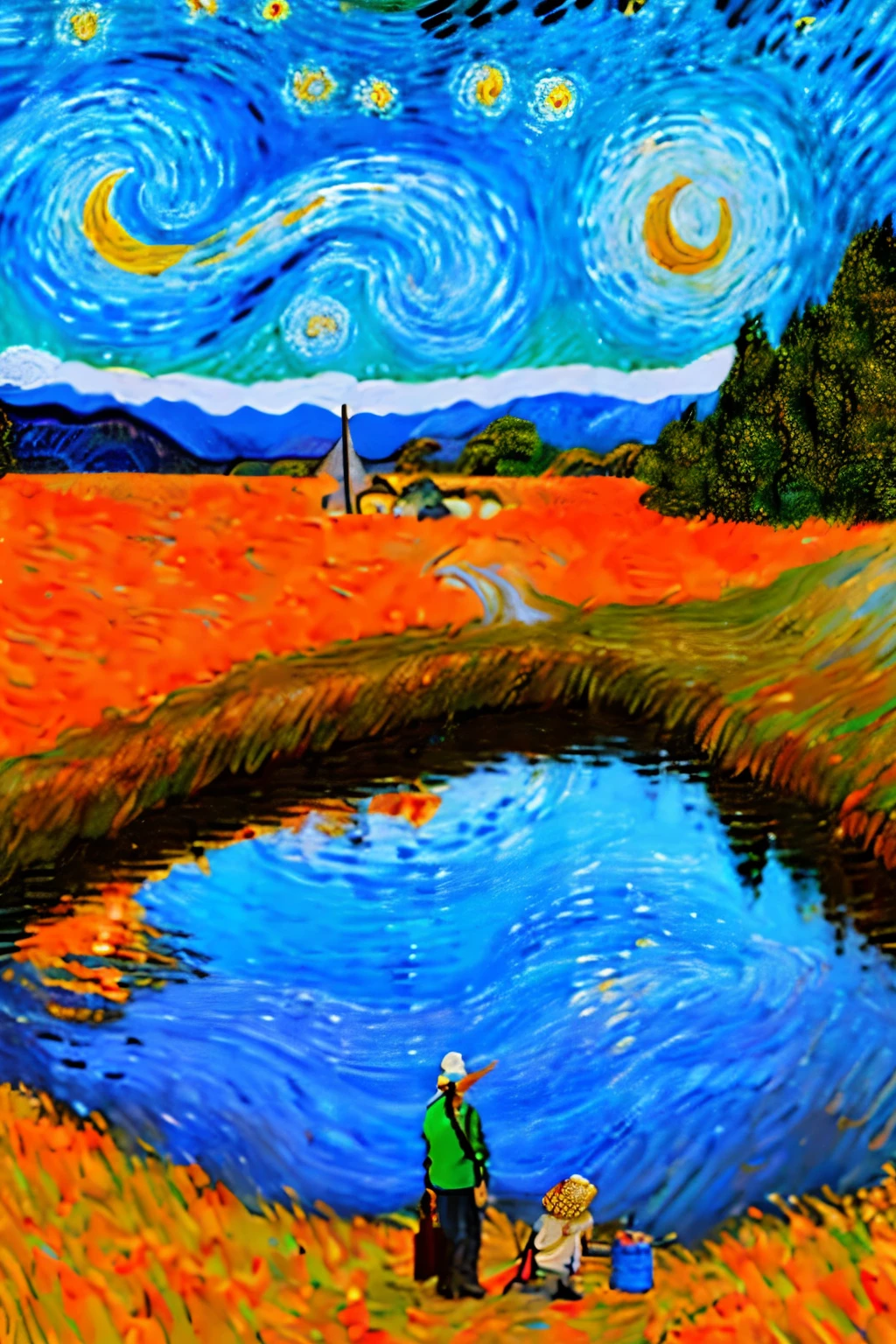 Van Gogh Illustration Style,masterpiece, best quality, ultra-detailed, illustration, 1girl, solo, outdoors, camping, night, mountains, nature, stars, moon, bonfire, tent, twin ponytails, green eyes, cheerful, happy, backpack, sleeping bag, camping stove, water bottle, mountain boots, gloves, sweater, hat, flashlight, forest, rocks, river, wood, smoke, shadows, contrast, clear sky, constellations, Milky Way, peaceful, serene, quiet, tranquil, remote, secluded, adventurous, exploration, escape, independence, survival, resourcefulness, challenge, perseverance, stamina, endurance, observation, intuition, adaptability, creativity, imagination, artistry, inspiration, beauty, awe, wonder, gratitude, appreciation, relaxation, enjoyment, rejuvenation, mindfulness, awareness, connection, harmony, balance, texture, detail, realism, depth, perspective, composition, color, light, shadow, reflection, refraction, tone, contrast, foreground, middle ground, background, naturalistic, figurative, representational, impressionistic,