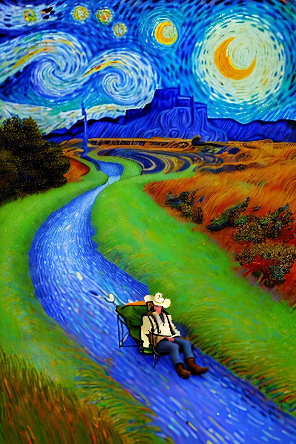 Van Gogh Illustration Style,masterpiece, best quality, ultra-detailed, illustration, 1girl, solo, outdoors, camping, night, mountains, nature, stars, moon, bonfire, tent, twin ponytails, green eyes, cheerful, happy, backpack, sleeping bag, camping stove, water bottle, mountain boots, gloves, sweater, hat, flashlight, forest, rocks, river, wood, smoke, shadows, contrast, clear sky, constellations, Milky Way, peaceful, serene, quiet, tranquil, remote, secluded, adventurous, exploration, escape, independence, survival, resourcefulness, challenge, perseverance, stamina, endurance, observation, intuition, adaptability, creativity, imagination, artistry, inspiration, beauty, awe, wonder, gratitude, appreciation, relaxation, enjoyment, rejuvenation, mindfulness, awareness, connection, harmony, balance, texture, detail, realism, depth, perspective, composition, color, light, shadow, reflection, refraction, tone, contrast, foreground, middle ground, background, naturalistic, figurative, representational, impressionistic,