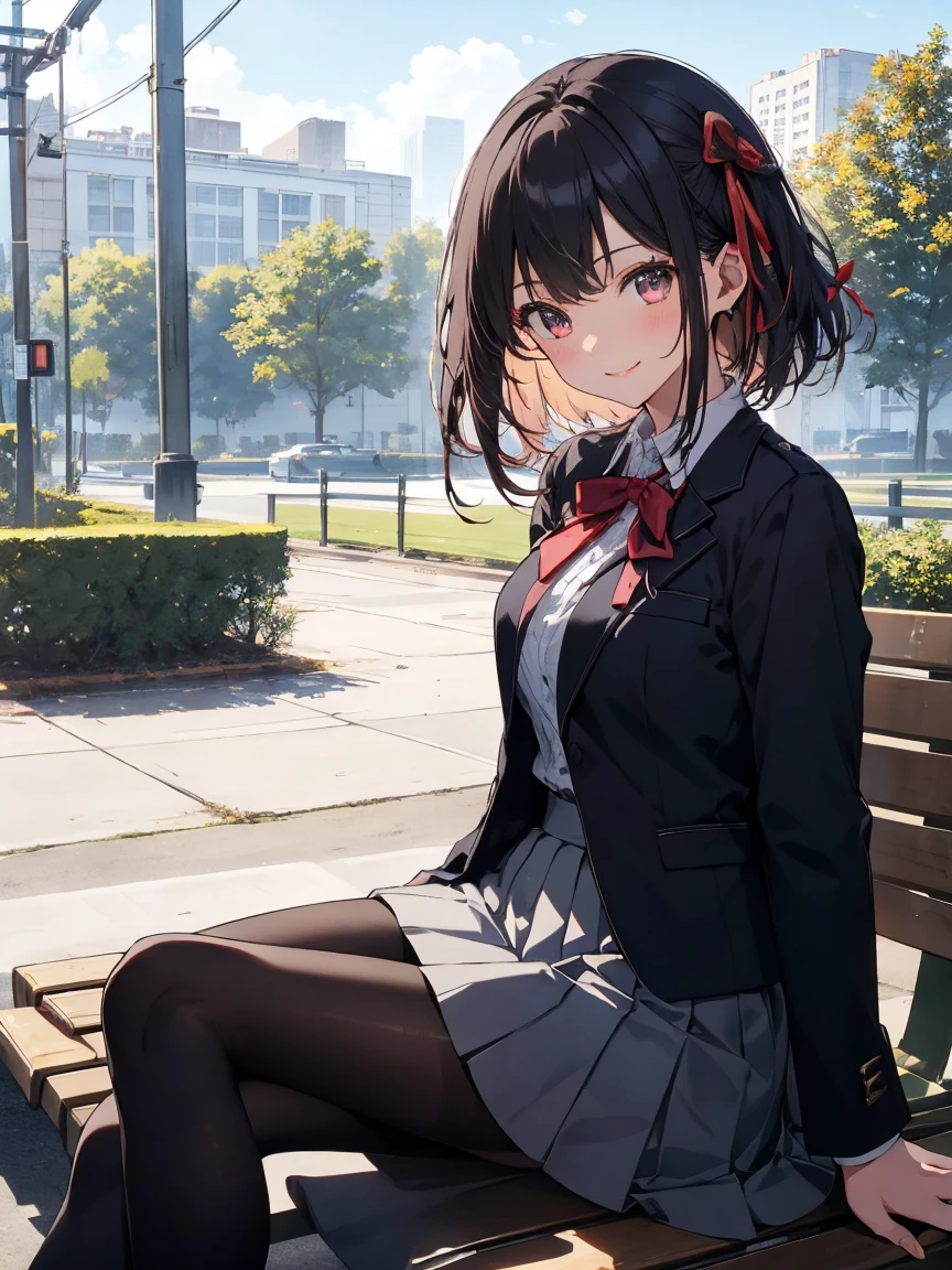 masterpiece, best quality, highest quality, ultra-detailed, 32k, high resolution, extremely delicate and beautiful, illustration, sharp focus, lighting forward, shine, 1girl, black hair, smile, extremely beautiful detailed anime face, extremely detailed game cg characters eyes, school blazer, bow tie, pleated skirt, black pantyhose, beautiful legs, crossed legs, sitting on bench, campus, garden, ,more_details:-1, more_details:0, more_details:0.5, more_details:1, more_details:1.5