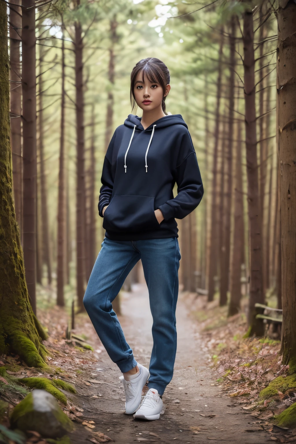 (highest quality,8k,High resolution:1.2),(beautifulRealistic.4)、(Cute Japanese Girl:1.4),(glamorous)、Perfect Anatomy、Beautiful limbs、Hoodie shirt、pants、Artistic Background、Surrounded by Nordic forests、Sexy pose、Professional photos、