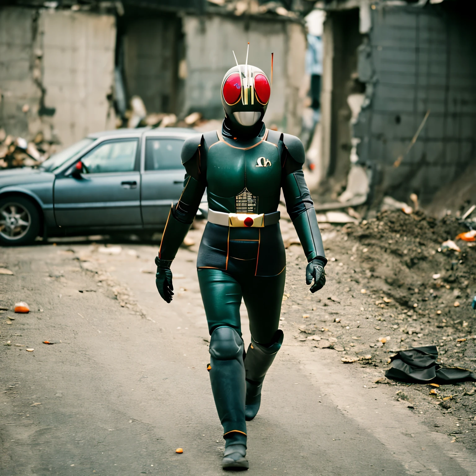 Create a realistic photo of an Indonesian hijab woman walking in a Kamen Rider Black RX suit without a helmet. there was a destroyed tank exploding behind him.
The black RX Kamen Rider shirt worn has scuffs and scuffs.
location in the city center.
sharp focus, cinematic lighting, hyperdetail & Unreal engines, detail, realism, photography, cinematography, NIKON cameras, NIKKOR flagship lenses, a masterpiece. hyper-maximalism, ultradetail photorealistic, light skin imperfections, final render, vray