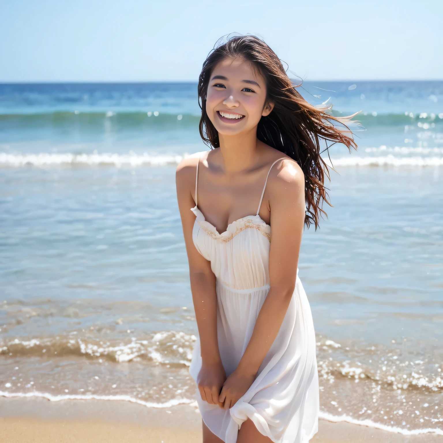 Japanese、beautiful girl、、Sandy Beach、Smiling、Watery eye、Wet lips、Wet bare skin、Sandy Beach、summer、Wave、The background is blurred、White dress、barefoot