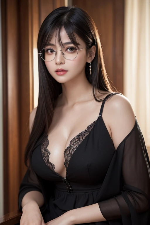 8k, highest quality, masterpiece, realistic, Photoreal, super detailed, Natural light, well-shaped chest, I can see the , 1 person, 35 year old female, black hair, medium length straight hair, silver rim glasses, ((look into the viewer&#39;s eyes)), pendant, gray knit V-neck shirt, highly detailed face and skin, detailed eye, highly detailed face and skin