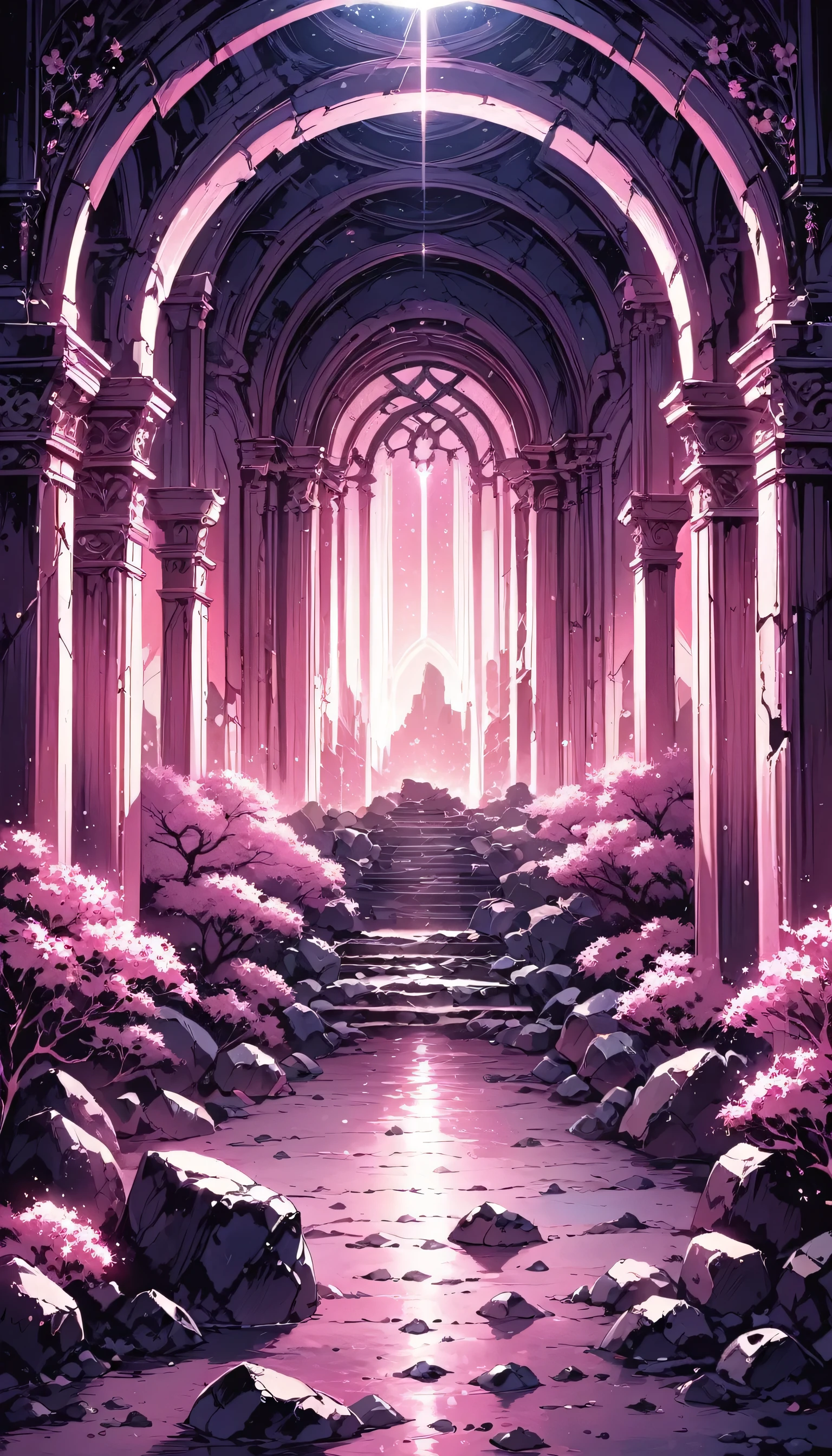 Amazing pink tree on the rocks on the beach, A realistic depiction style of light, aisle, Art inspired by faith, ruins, Light-filled scene, immersive environments, Floral and natural motifs --ar 14:25  