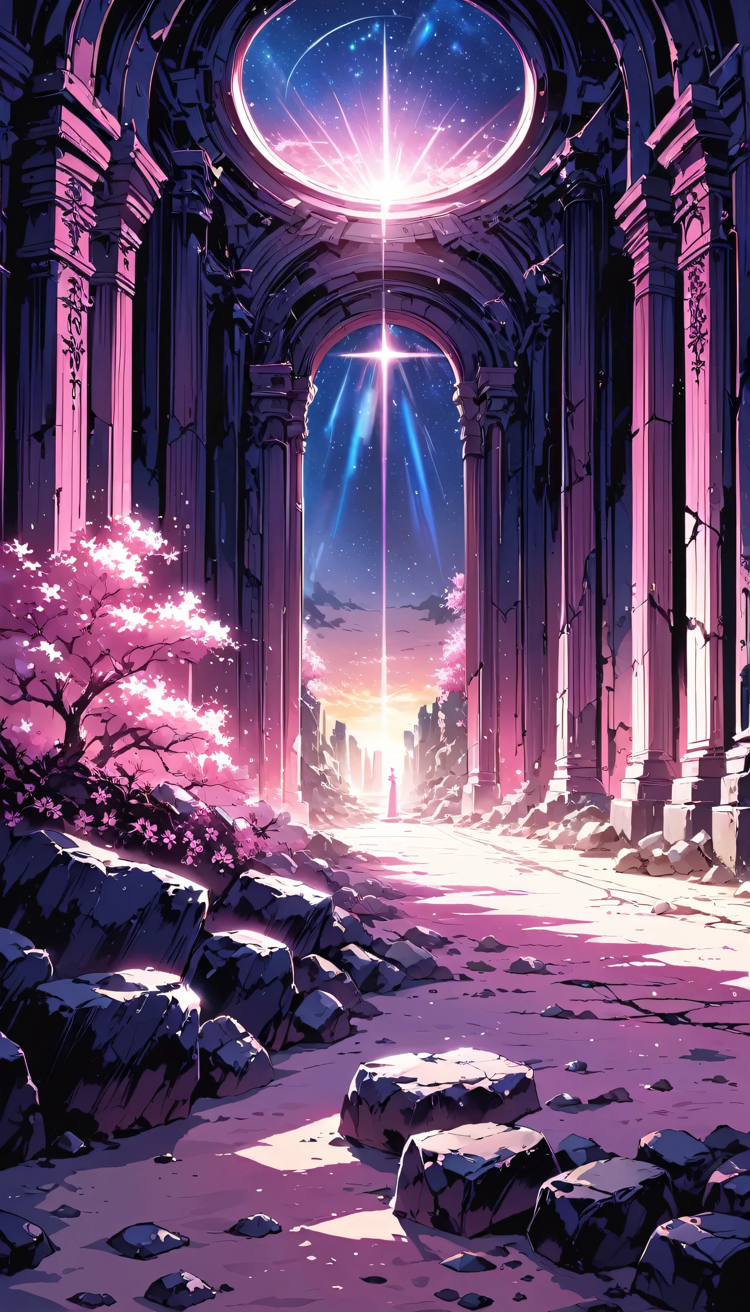 Amazing pink tree on the rocks on the beach, A realistic depiction style of light, aisle, Art inspired by faith, ruins, Light-filled scene, immersive environments, Floral and natural motifs --ar 14:25