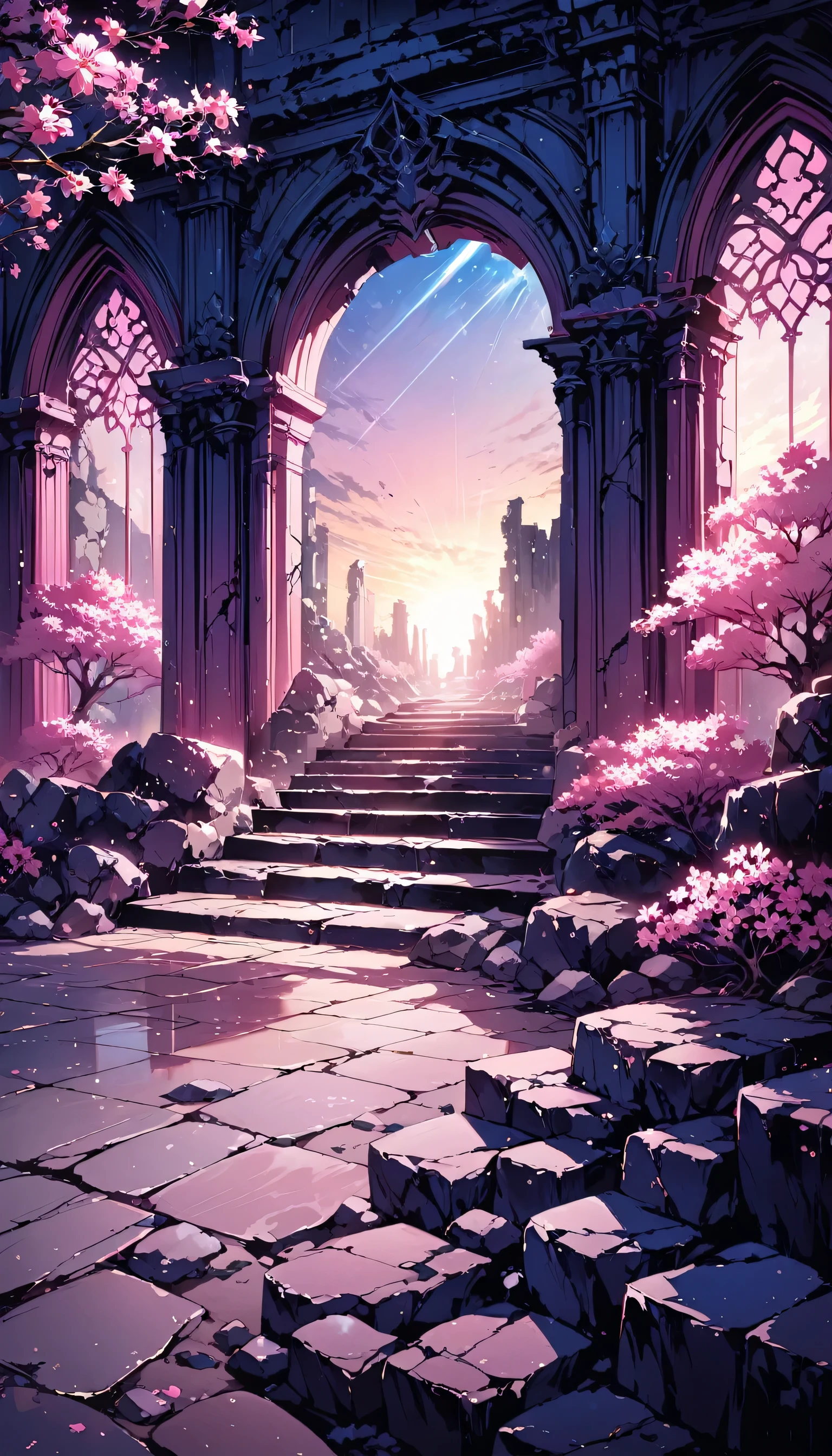 Amazing pink tree on the rocks on the beach, A realistic depiction style of light, aisle, Art inspired by faith, ruins, Light-filled scene, immersive environments, Floral and natural motifs --ar 14:25  