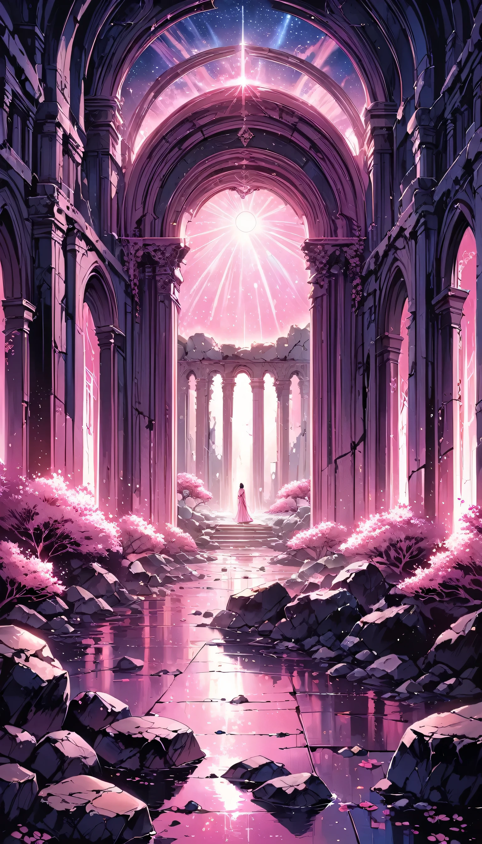 Amazing pink tree on the rocks on the beach, A realistic depiction style of light, aisle, Art inspired by faith, ruins, Light-filled scene, immersive environments, Floral and natural motifs --ar 14:25