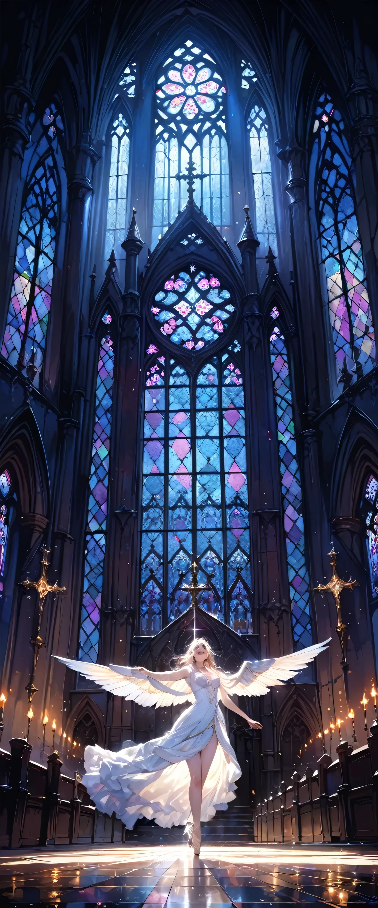 (close:1.4)、(RAW Photos:1.2)、(Realistic:1.4)、(masterpiece:1.3)、(highest quality:1.4)、Huge stained glass、Huge Gothic church、(A beautiful angel dances like a god:1.3)、Very shining、illumination、The light shines、