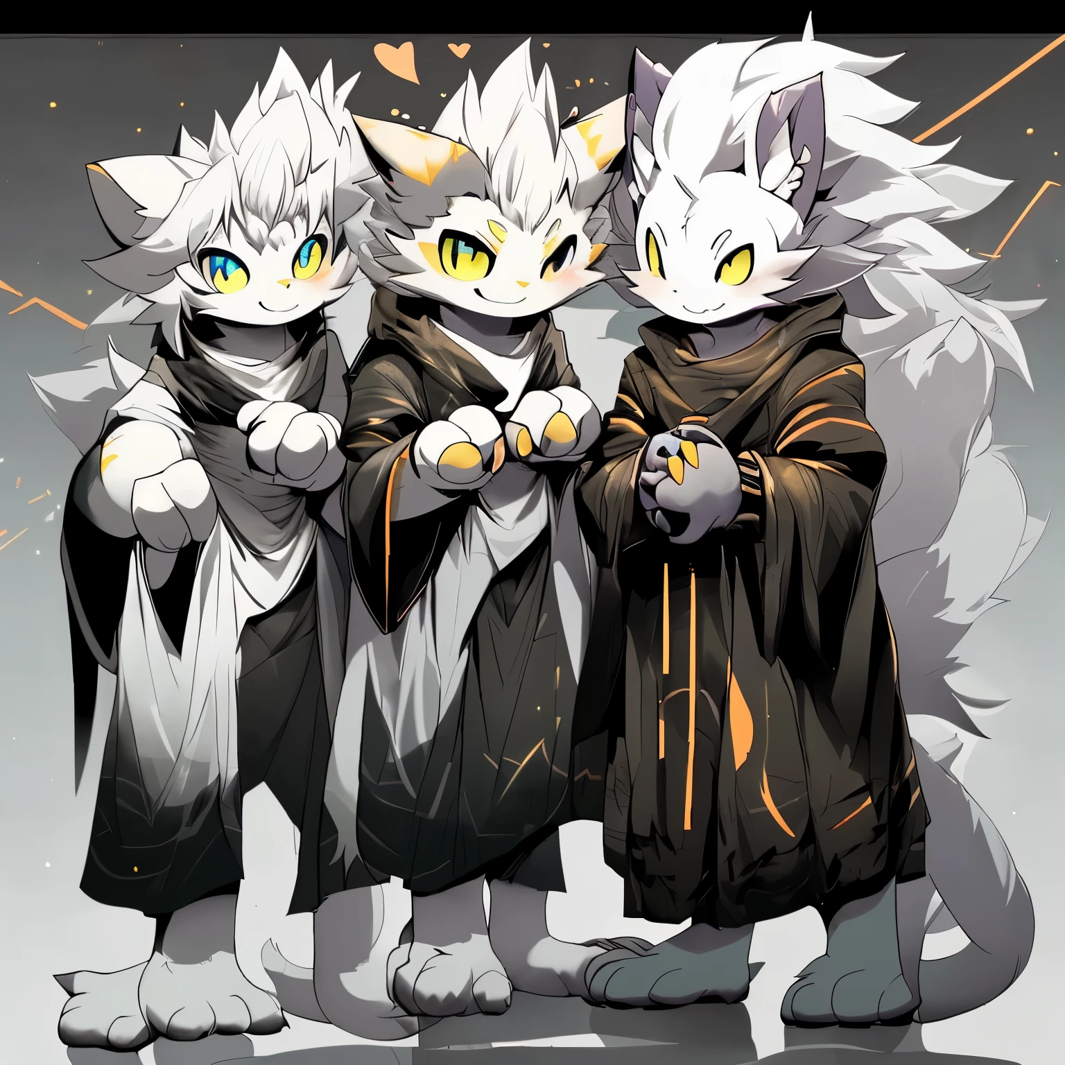 Cat Person，White Hair，（Yellow above the eyes, ears and tail），Smile，（（individual）），Standing，Four fingers，Wrist stripes，whole body