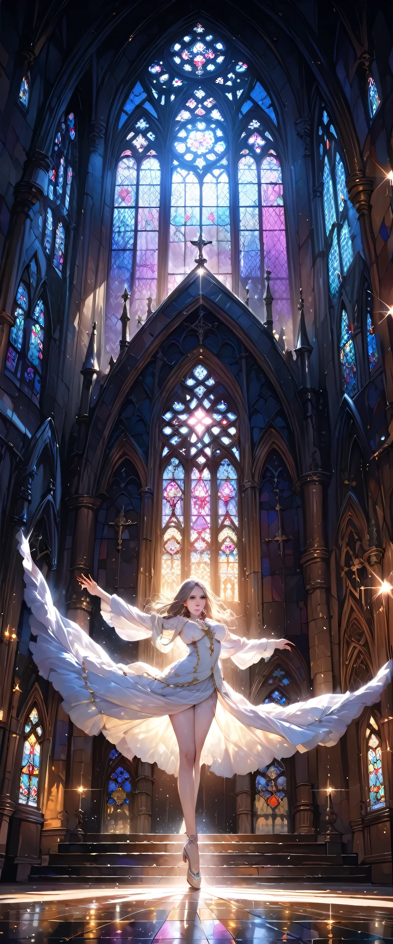 (close:1.4)、(RAW Photos:1.2)、(Realistic:1.4)、(masterpiece:1.3)、(highest quality:1.4)、Huge stained glass、Huge Gothic church、(A beautiful angel dances like a god:1.3)、Very shining、illumination、The light shines、