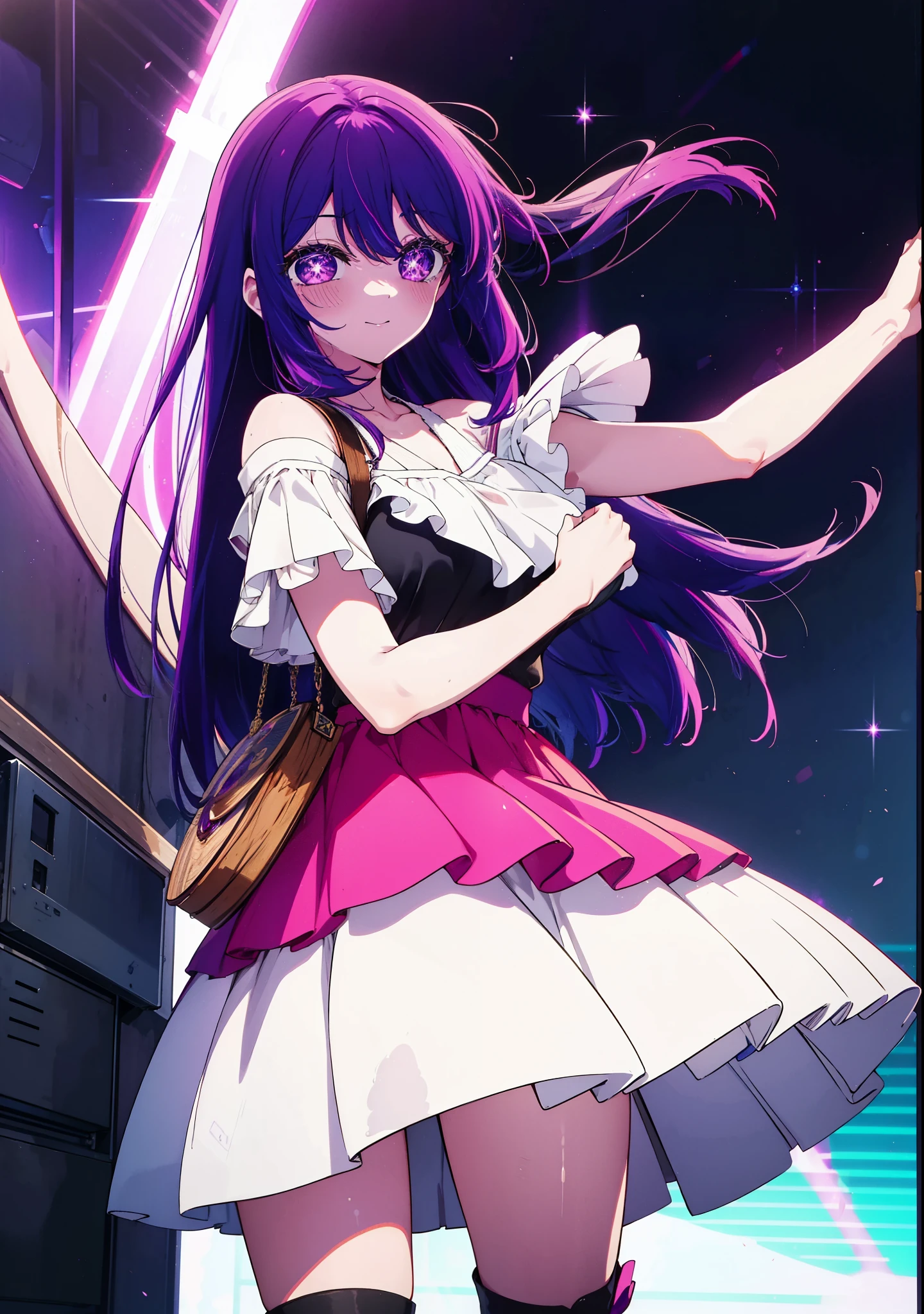 aihoshino, Ai Hoshino, Long Hair, bangs, (Purple eyes:1.1), Purple Hair, (Symbol-shaped pupil:1.5), smile,Medium chest,happy smile, smile, Close your mouth,Hunting Hat,Purple sleeveless dress,Purple mini skirt,Black knee socks,short boots,
Place your right hand on your hip,Looking up from below,whole bodyがイラストに入るように,
break outdoors, In town,ビル街
break looking at viewer, whole body, (Cowboy Shot:1. 5)
break (masterpiece:1.2), highest quality, High resolution, unity 8k wallpaper, (figure:0.8), (Beautiful fine details:1.6), Highly detailed face, Perfect lighting, Highly detailed CG, (Perfect hands, Perfect Anatomy),