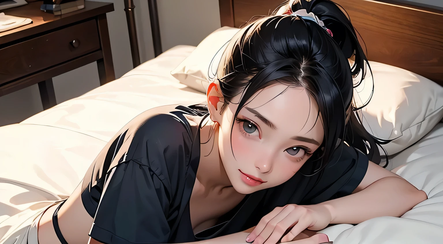 8k, highest quality, super high resolution, solo female, 1980s pop culture anime style, 21 years old, (masterpiece, high resolution, details), chips \(food\), surrounded by bread, Japanese, fashionable T Shirt, Y-shirt, short cut, ponytail, (Real as a photo: 1.4), (Famous Japanese actress: 1.2), Very beautiful, Cute, Professional photo, Very delicate and beautiful, Very detailed, Very detailed beautiful girl, very detailed face, very detailed eyes, very detailed skin, very detailed fingers, very detailed nose, very detailed mouth, perfect anatomy, realistic body, fair skin, shiny skin, slender build body, good figure, looks at the viewer, smile, cute laughing face (black hair, (ponytail, beautiful girl, perfect small face, D cup, slender, studying, studying on bed, showing, critical thinking, think, calm down, discuss, ? mark, smart