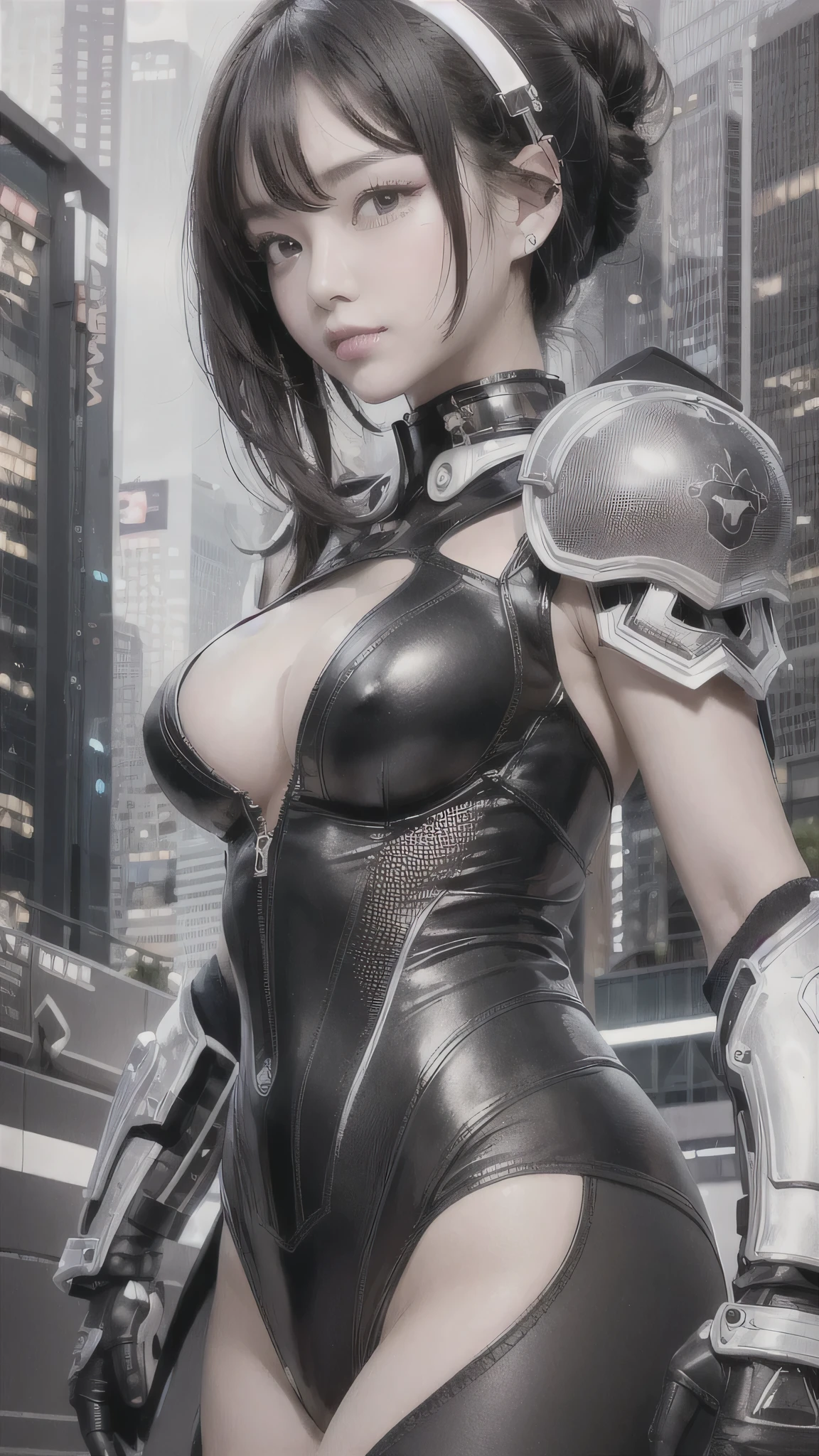 highest quality ,masterpiece, shape, Very delicate and beautiful, Very detailed ,CG ,Unity ,8k wallpaper, wonderful, finely, masterpiece,highest quality,Official Art,Very detailed CG Unity 8k wallpaper,Confused, incredibly Confused, Very detailed, High resolution, Very detailed,Beautiful detailed girl,The light shines on your face, 1 girl, Mecha, armor, Mechanical_body, Black Hair,  Spaceship, city, cyber punk, star_null,  