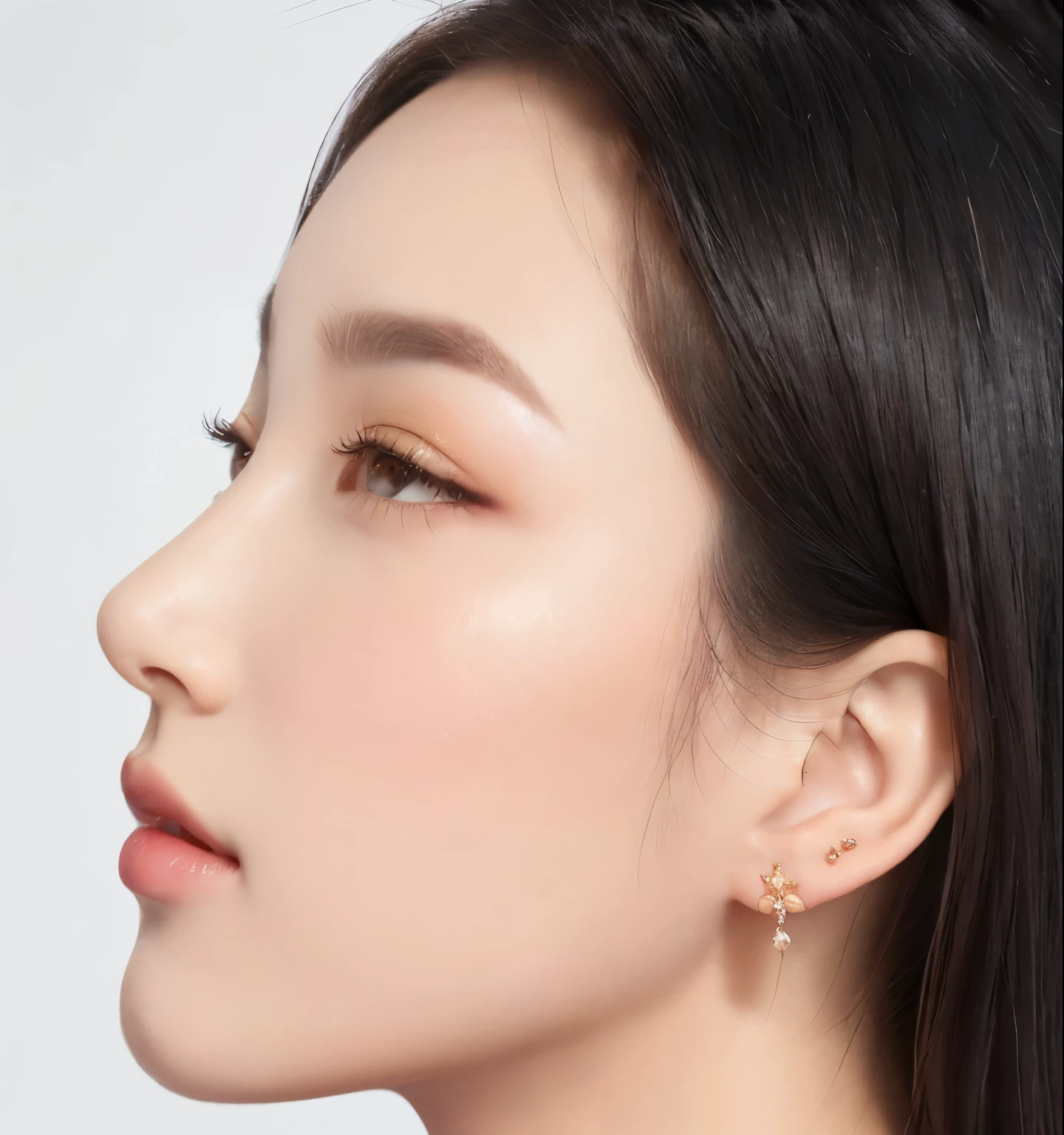 a close up of a woman with a pair of earringss on her ear, earrings, Have professional makeup, gold earrings, Sexy face with full makeup, Profile portrait centered, wearing ornate earringss, Soft portrait shots 8 k, Close-up side face, woman with porcelain skin, Beautiful Chinese model, earringss, Clear lips and high quality, round face