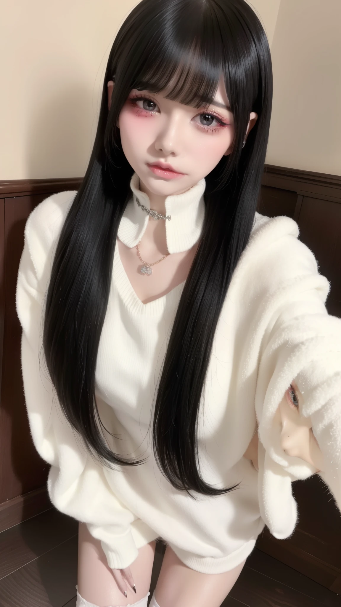 highest quality、8k、32k、masterpiece、Hmph:1.2)、One Girl、Long Hair Girl、Beautiful Japanese Woman、High Knee Socks、Black-haired、Heavy bangs、Long sleeve shirt、Hair length、Fluffy white sweater、Accentuate your breasts、D Cup,choker、(Mega Big Tits), (jirai makeup, jirai girl,  Glitter eye makeup)、From feet to head、