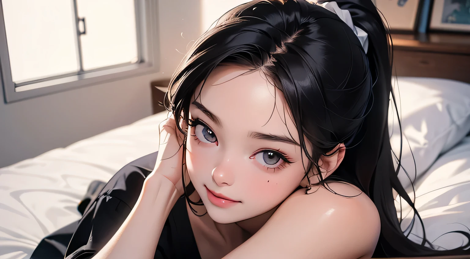 8k, highest quality, super high resolution, solo female, 1980s pop culture anime style, 21 years old, (masterpiece, high resolution, details), chips \(food\), surrounded by textbooks, Japanese, fashionable T Shirt, Y-shirt, short cut, ponytail, studying (real like a photo: 1.4), (Famous Japanese actress: 1.2), very beautiful, cute, professional photo, very delicate and beautiful, very detailed, very beautiful girl, very detailed face, very detailed eyes, very detailed skin, very detailed fingers, very detailed nose, very detailed mouth, perfect anatomy, realistic body, fair skin, shiny skin , slender body, good figure, looking at the viewer, smiling, cute smiling face (black hair, (ponytail, beautiful girl, perfect small face, D cup, slender, studying, studying on bed, showing, critical thinking) ing, think, calm down, discuss, ? mark, smart