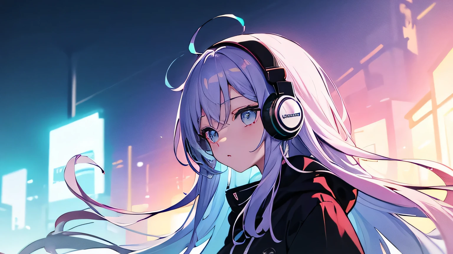 Lo-fi music vibe、Please draw me a cute anime style illustration。
Please draw an illustration of a girl listening to music with headphones.。
With the cityscape of Blue Moment in the background、Facing forward and looking at the camera。Please draw an illustration of a cute girl。Use pastel and soft colors、Expressing a gentle atmosphere。
As an accent color、Use vibrant colors。
Keeping the color wheel in mind、Keep the color scheme consistent。