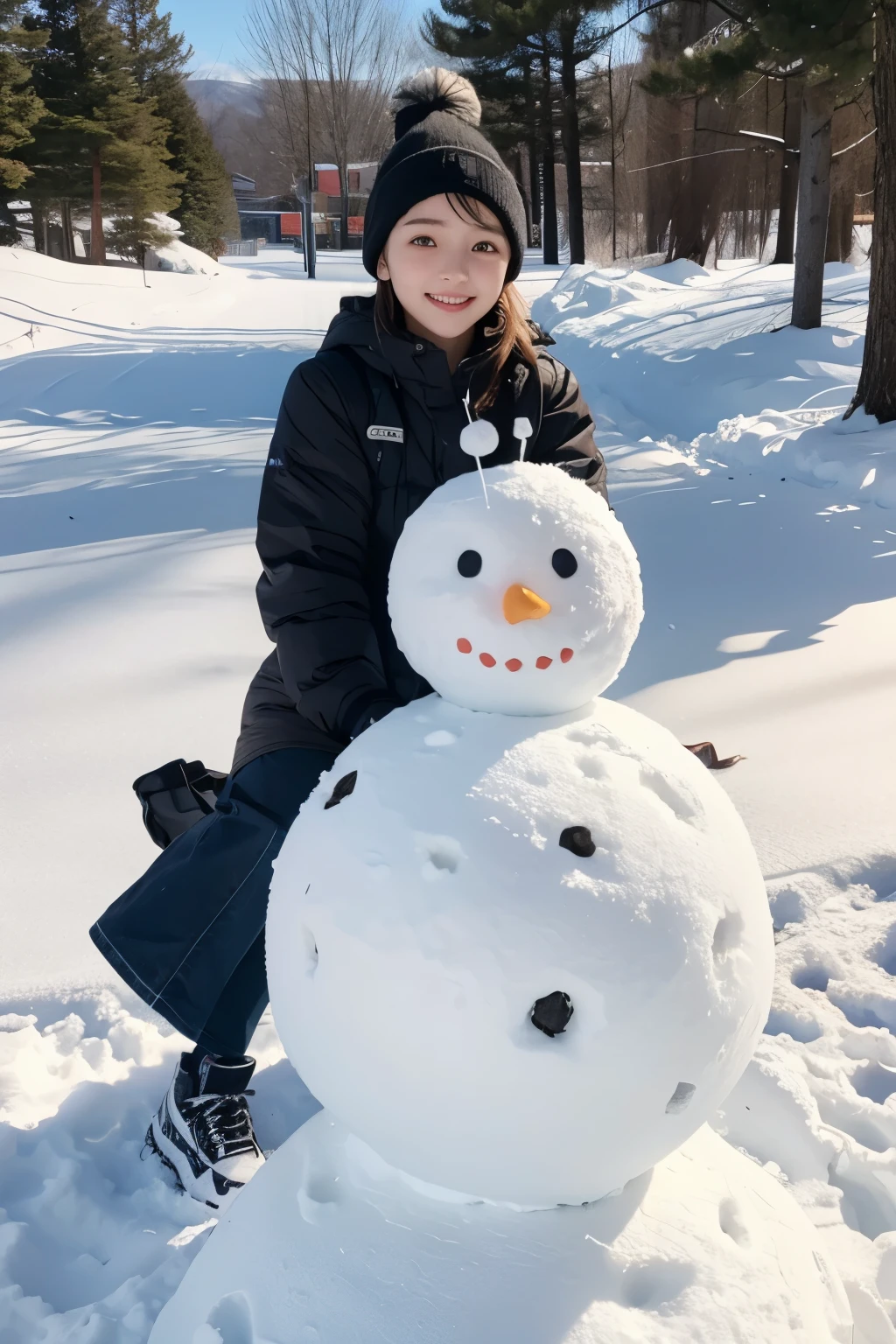 photoreal stick、girl making a snowman,