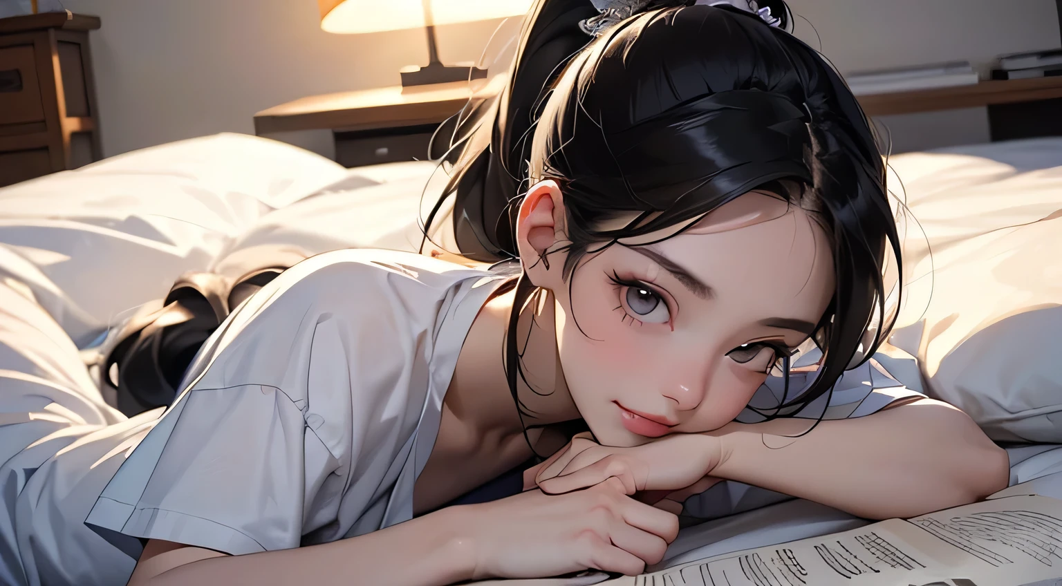 8k, highest quality, super high resolution, solo female, 1980s pop culture anime style, 21 years old, (masterpiece, high resolution, details), chips \(food\), surrounded by textbooks, Japanese, fashionable T Shirt, Y-shirt, short cut, ponytail, studying (real like a photo: 1.4), (Famous Japanese actress: 1.2), very beautiful, cute, professional photo, very delicate and beautiful, very detailed, very beautiful girl, very detailed face, very detailed eyes, very detailed skin, very detailed fingers, very detailed nose, very detailed mouth, perfect anatomy, realistic body, fair skin, shiny skin , slender body, good figure, looking at the viewer, smiling, cute smiling face (black hair, (ponytail, beautiful girl, perfect small face, D cup, slender, studying, studying on bed, showing, critical thinking) ing, think, calm down, discuss, ? mark, smart