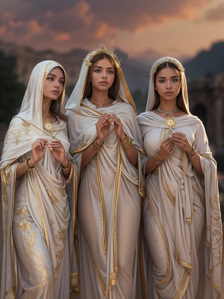 PLEASE fix image, sky,  Masterpiece, (3girls), In the early morning light of ancient Rome, circa 300 AD, a group of 3 Vestal Virgins, clad in flowing white robes, solemnly tend to the sacred hearth of Vesta's temple. These teenage girls, (slim slender body, Roman teenager beautiful face, thin ultra detailed face, light brown hair, hazel eyes, ultra realistic skin:1.2), embodying purity and devotion, move with a serene grace, their faces alight with the mystic glow of the flames. Their duty to maintain the eternal fire reflects their commitment to chastity and service, symbolizing the beauty and purity of their sacred role, 16K, ultra high res.photorealistic, UHD, DSLR, RAW, mystical light