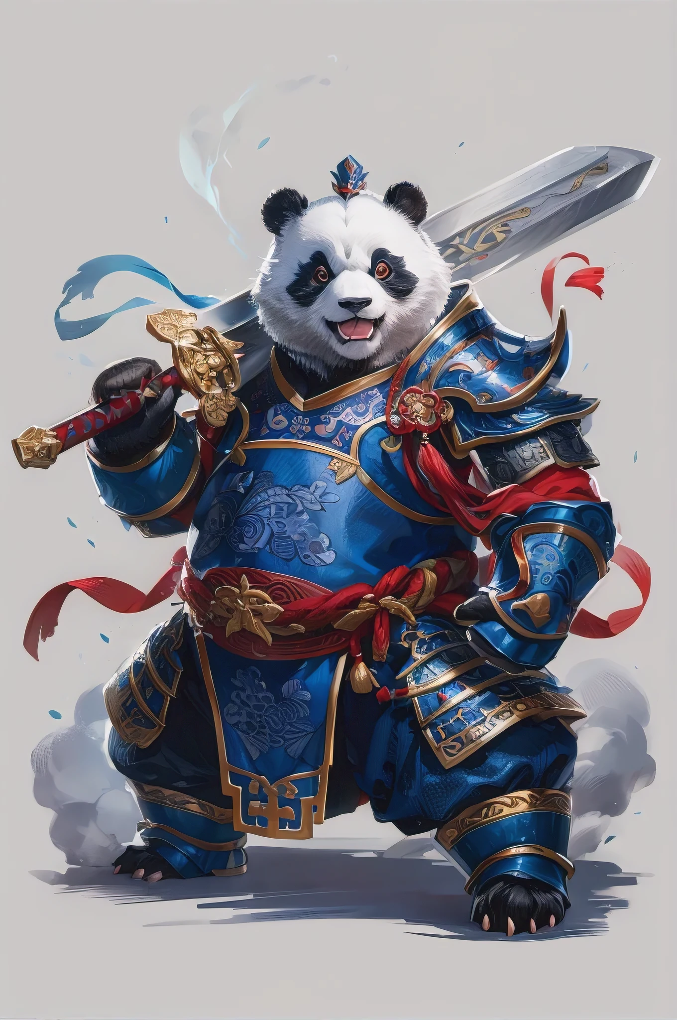 A stunning, high-quality illustration of a panda dressed in intricately designed Chinese traditional battle armor. The panda's outfit is primarily blue and red, with meticulous detailing and patterns. It holds a large, ornate sword, and its facial expression is fierce yet playful. The background is simple and uncluttered, emphasizing the main subject. The overall tone of the image is vibrant and dynamic, with a touch of whimsy and humor.
