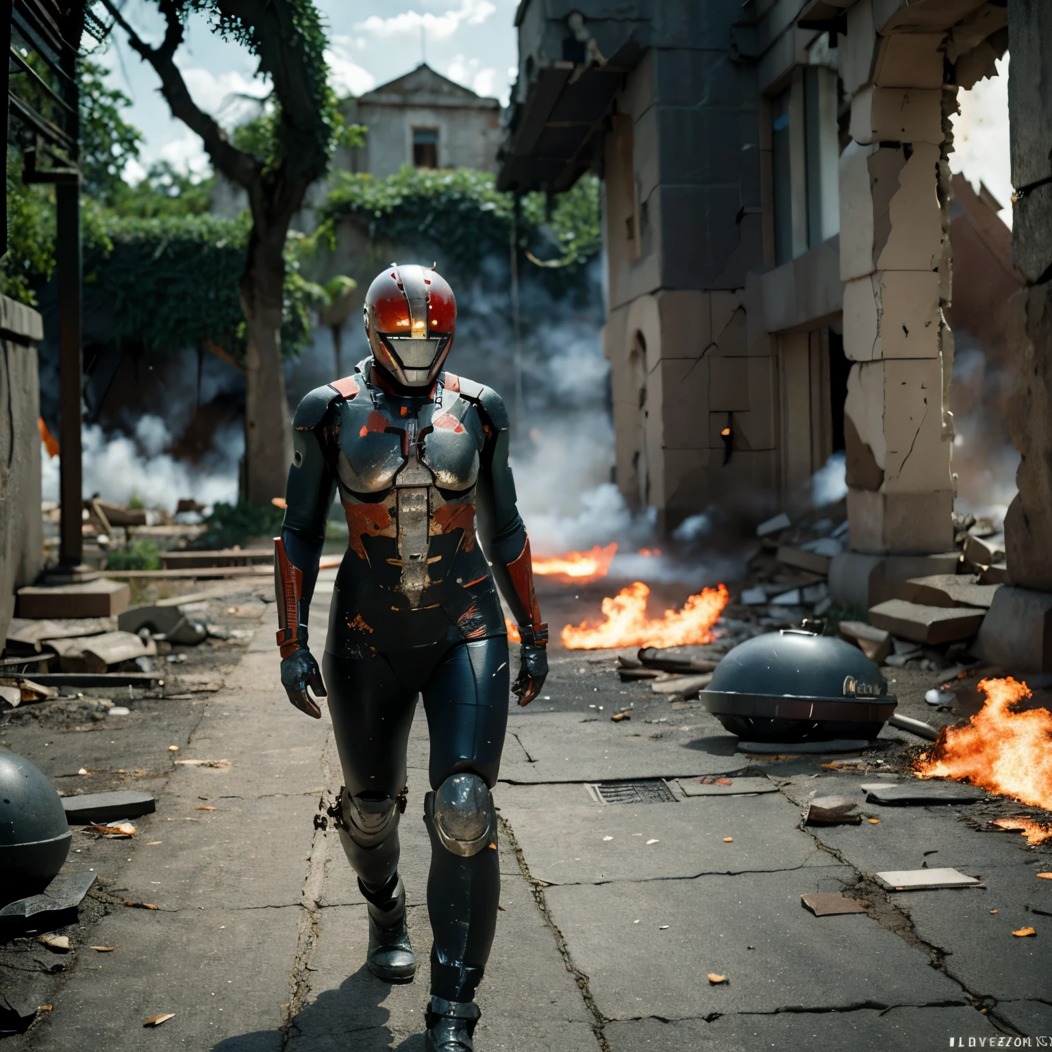 create a realistic photo of a girl indonesian walking in an ironman suit without a helmet. there was a destroyed tank exploding behind him.
The ironman suit worn has scuffs and scratches.
location in the ruins of the city.
sharp focus, Cinematic lighting,hyperdetailed & Unreal engine, detail, realism, photography,cinematography, camera NIKON, lens NIKKOR flagship, masterpiece.    hyper-maximalism, ultradetailed photorealistic, light skin imperfections, final render, vray