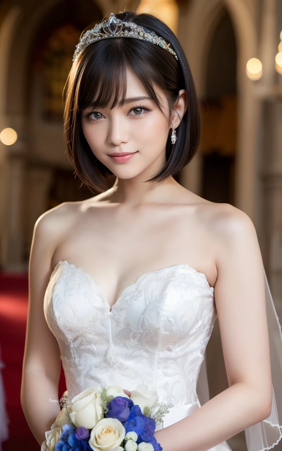 (highest quality:1.5)、(Realistic:1.5)、(1 person:1.5)、(Medium Shot:1.5)、Very detailed、High resolution、8k wallpaper、、Normal milk、Natural color lips、Cute Smile、Japanese women、20-year-old girl、Beautiful and elegant face、Perfect and beautiful face、Large, balanced eyes、Brunette's eyes、Beautiful and elegant face、Beautiful double eyelids、Natural Bangs、Beautiful thin nose、Beautiful Skin、Fair skin、(Medium Bob Hair)、Natural Bangs、Perfect and beautiful face、Slim face and figure、(Looking at the camera with a sweet smile)、Bright lighting、Professional Lighting、Forward lighting、Wedding dress、tiara、(Wearing a white off-the-shoulder mermaid wedding dress)、Wedding ceremony in a church with beautiful stained glass、pose for a photo、