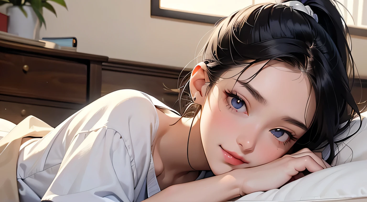 8k, highest quality, super high resolution, solo female, 1980s pop culture anime style, 21 years old, (masterpiece, high resolution, details), chips \(food\), surrounded by textbooks, Japanese, fashionable T Shirt, Y-shirt, short cut, ponytail, studying (real like a photo: 1.4), (Famous Japanese actress: 1.2), very beautiful, cute, professional photo, very delicate and beautiful, very detailed, very beautiful girl, very detailed face, very detailed eyes, very detailed skin, very detailed fingers, very detailed nose, very detailed mouth, perfect anatomy, realistic body, fair skin, shiny skin , slender body, good figure, looking at the viewer, smiling, cute smiling face (black hair, (ponytail, beautiful girl, perfect small face, D cup, slender, studying, studying on bed, showing, critical thinking) ing, think, calm down, discuss, ? mark, smart
