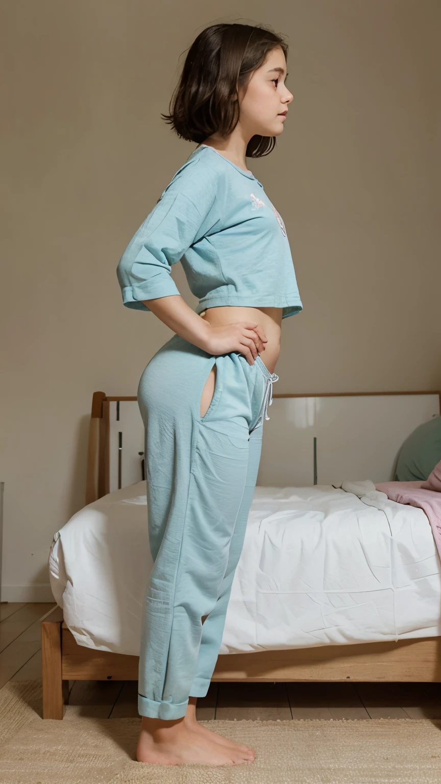 11 years old in pijama, stand on one foot, wide hips, thick thights, side view