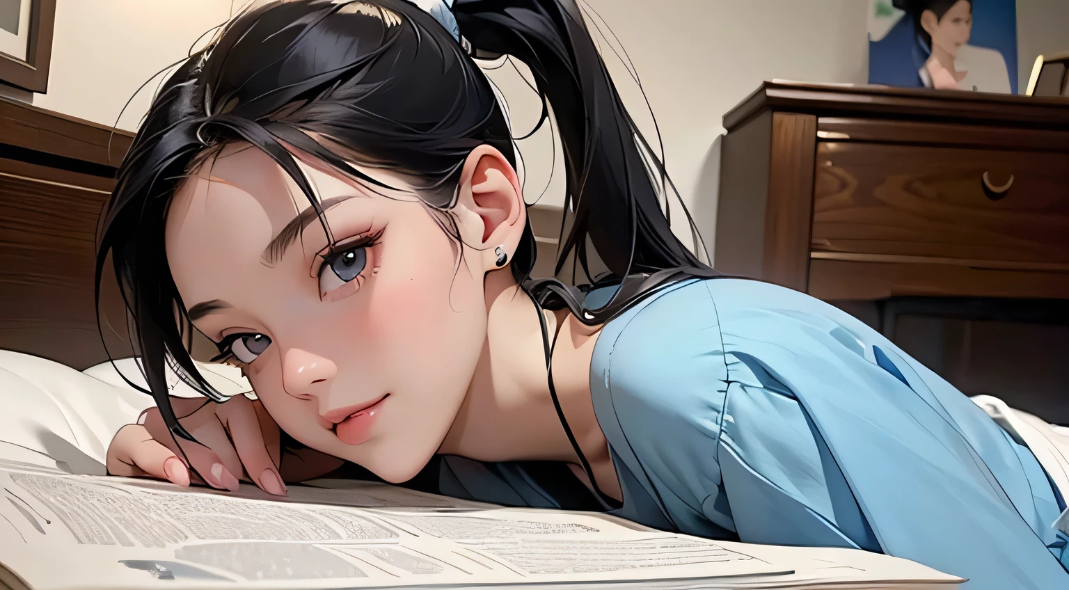 8k, highest quality, super high resolution, solo female, 1980s pop culture anime style, 21 years old, (masterpiece, high resolution, details), chips \(food\), surrounded by textbooks, Japanese, fashionable T Shirt, Y-shirt, short cut, ponytail, studying (real like a photo: 1.4), (Famous Japanese actress: 1.2), very beautiful, cute, professional photo, very delicate and beautiful, very detailed, very beautiful girl, very detailed face, very detailed eyes, very detailed skin, very detailed fingers, very detailed nose, very detailed mouth, perfect anatomy, realistic body, fair skin, shiny skin , slender body, good figure, looking at the viewer, smiling, cute smiling face (black hair, (ponytail, beautiful girl, perfect small face, D cup, slender, studying, studying on bed, showing, critical thinking) ing, think, calm down, discuss, ? mark, smart
