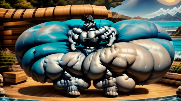 4k, high resolution, best quality, perfect lightning, perfect, solo, anthro, young, boy,white wolf:2.0, furry body, (fluffy mane:1.2), fluffy tail, male, adult, (bulky2:0, thick muscles2:0, huge muscles:2.0, hyper muscles:2.0), (thick biceps, veiny biceps, broad shoulders:2.0), (thick legs, thick calves:1.1), (digitigrade legs, 4 toes:1.2), perfect colors, (photorealistic fur, detailed fur, epic, masterpiece), (suggestive posing:1.2), (seductive smile, lustful grin 1.3), detailed beach,detailed wolf eyes:2.0, by k0suna, by darkgem,nipple ring,hyper arms:2.0,veins,white body,white fur,hyper butt:2.0,hyper paws:2.0,standing,thick legs,thick butts:2.0,sweat body:2.0,massive butt:2.0,black hat,hyper ass:2.0,huge ass,long legs,juicy butt:2.0,butt like a mountain,butt with colorful patterns:2.0,wide butt,hyper wide butt,focus on butt:0.7