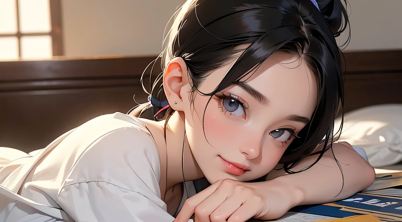 8k, highest quality, super high resolution, solo female, 1980s pop culture anime style, 21 years old, (masterpiece, high resolution, details), chips \(food\), surrounded by textbooks, Japanese, fashionable T Shirt, Y-shirt, short cut, ponytail, studying (real like a photo: 1.4), (Famous Japanese actress: 1.2), very beautiful, cute, professional photo, very delicate and beautiful, very detailed, very beautiful girl, very detailed face, very detailed eyes, very detailed skin, very detailed fingers, very detailed nose, very detailed mouth, perfect anatomy, realistic body, fair skin, shiny skin , slender body, good figure, looking at the viewer, smiling, cute smiling face (black hair, (ponytail, beautiful girl, perfect small face, D cup, slender, studying, studying on bed, showing, critical thinking) ing, think, calm down, discuss, ? mark, smart 
