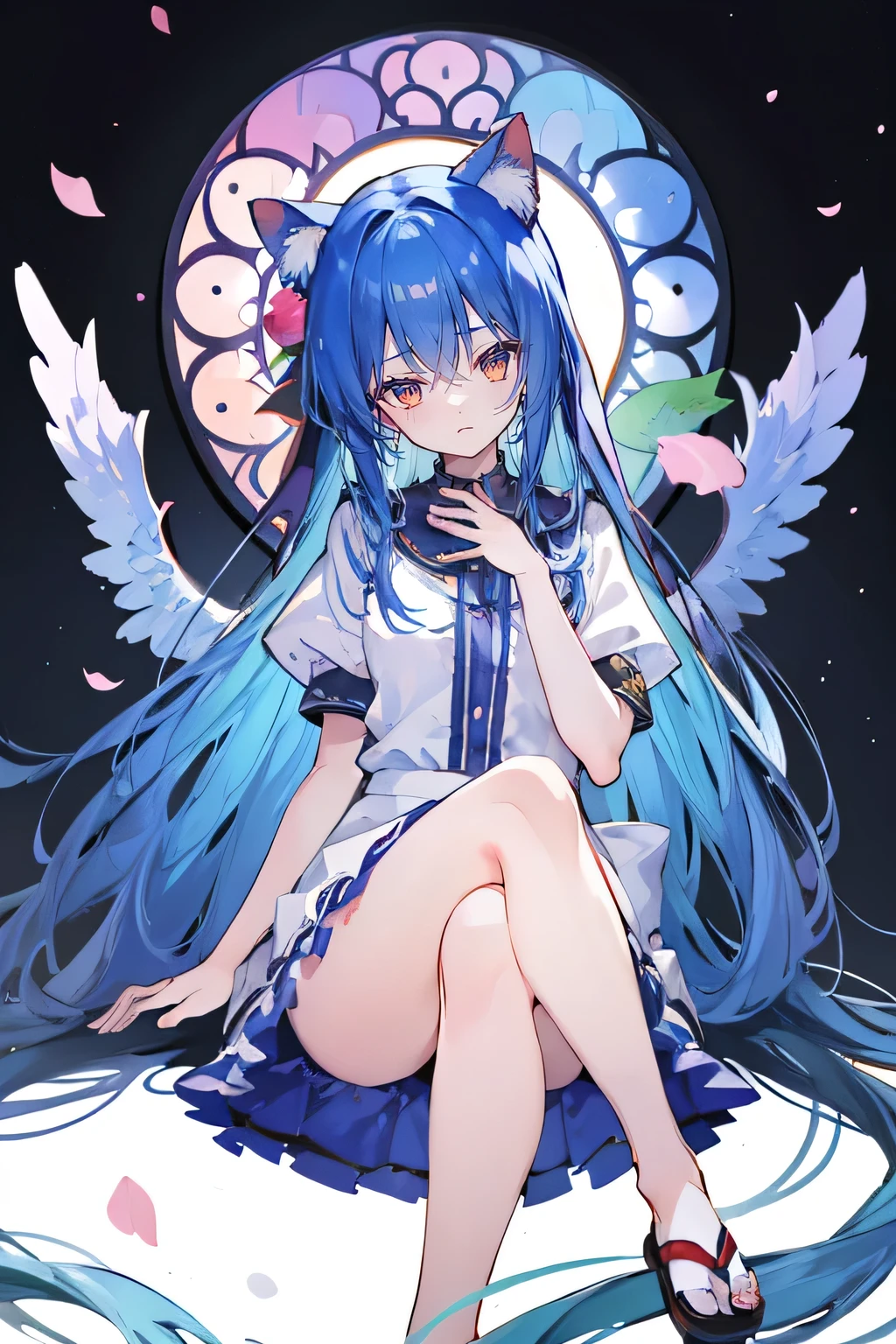 (masterpiece:1.2),Extremely detailed,Practical,expressive eyes,Fair skin,Perfect face shaping,1 Girl,
Japanese cartoons,Gorgeous blue hair, the long flowing blue hair,Floating clothes,Cat ears,Petals fall,beautiful lola,Young Angel,
Place your hands on your waist,sit elegantly on the ground,Cross your legs,Gentle and peaceful background,church,nun.