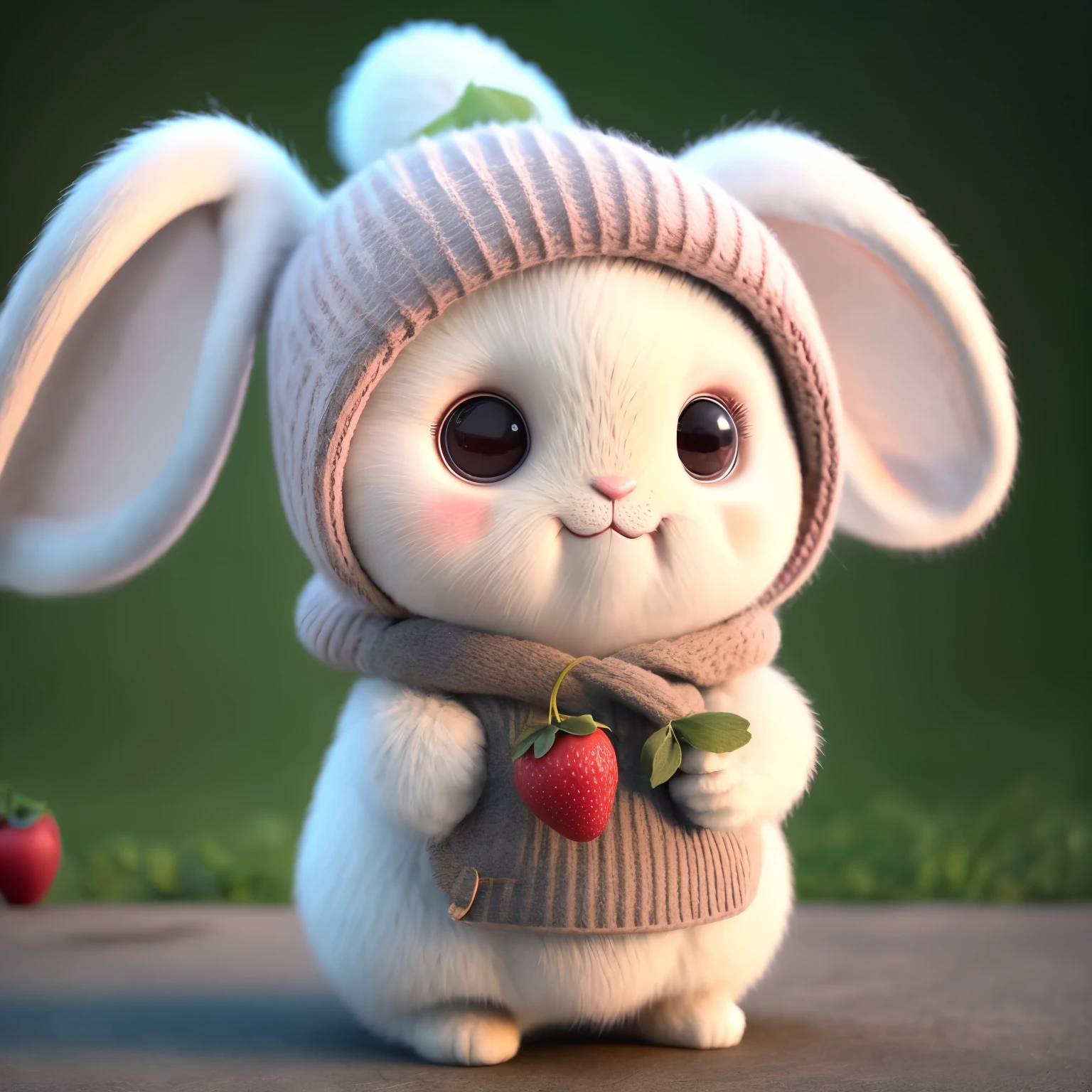 : 3. Rabbit, realistic, hairy, clothed animal, apple, dark circles, blush, cherry, food, fruit, full body, hat, non-human, strawberry, tomato, watermelon