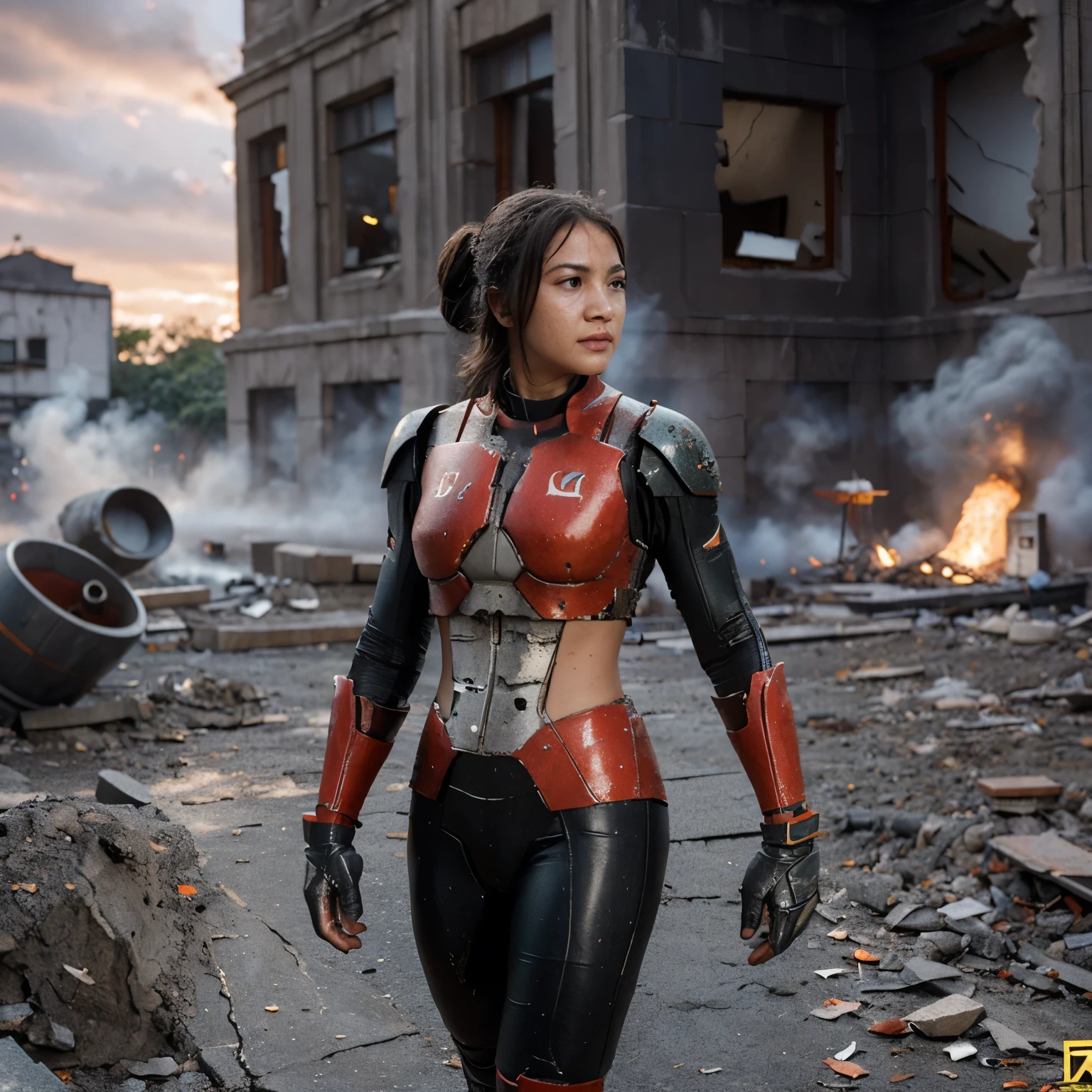 create a realistic photo of a girl indonesian walking in an ironman suit without a helmet. there was a destroyed tank exploding behind him.
The ironman suit worn has scuffs and scratches.
location in the ruins of the city.
sharp focus, Cinematic lighting,hyperdetailed & Unreal engine, detail, realism, photography,cinematography, camera NIKON, lens NIKKOR flagship, masterpiece.    hyper-maximalism, ultradetailed photorealistic, light skin imperfections, final render, vray