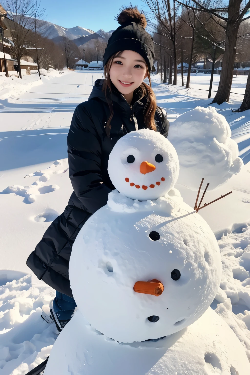 Model and background intact, photoreal stick、girl making a snowman, Random Actions,