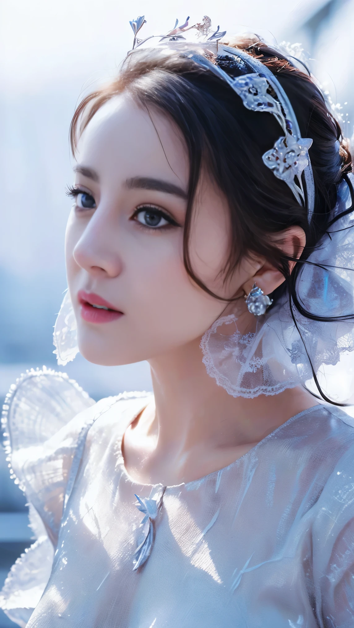(((masterpiece))), best quality, illustration, 4k wallpaper, light, absurd, 1 girl,(snow,ice), snow花, In winter, white hair, Shiny hair, curls, Transparent clothes, decorate, Lace, Wet clothes, away_Shoulder, Headband,masterpiece, telephoto lens, absurd, Exquisite facial features，Record，Poster composition，strike an elegant pose，，Natural light，Soft Light，（Seven-part combination） ，epic，Fantastic and magical，mystery，Cleavage，exposed