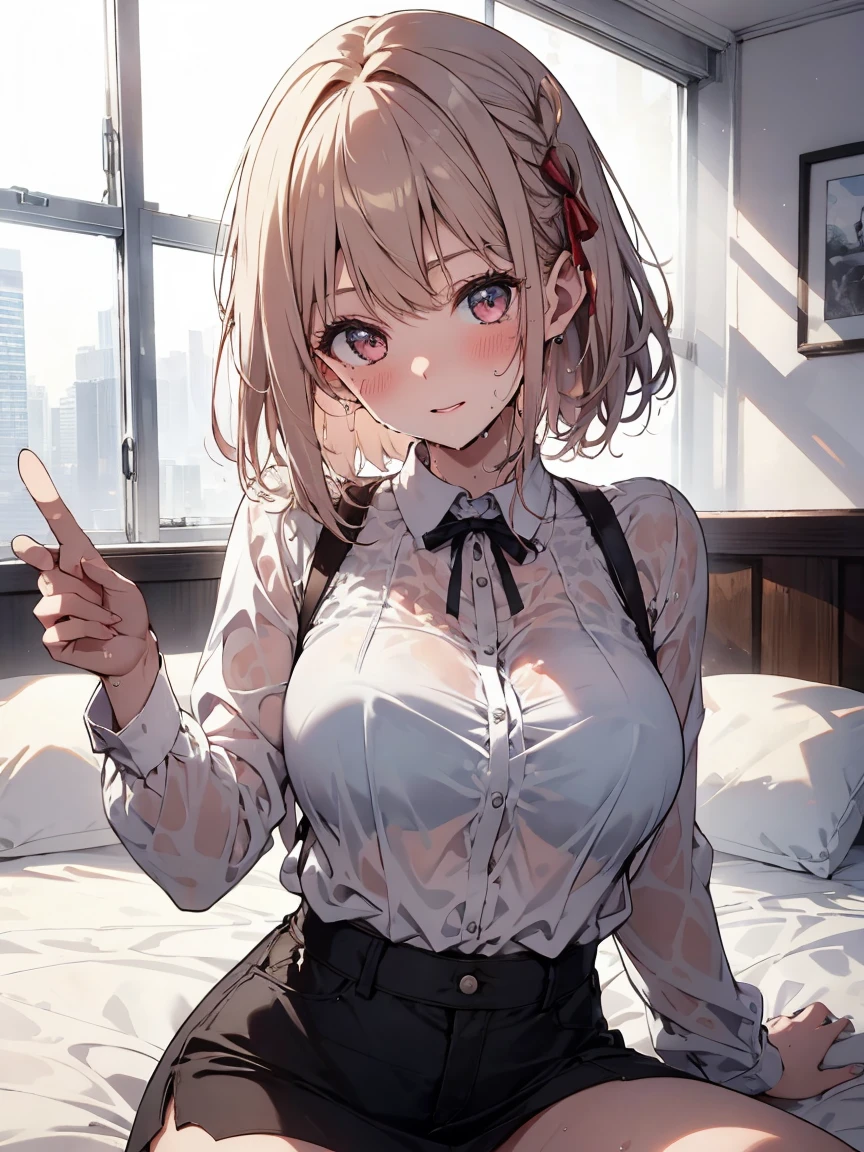 room, feminine decoration, adult, woman, beautiful, sexy, medium breasts, wide hips, small waist, shapely legs, perfect thighs, shy, blushing, sensitive, looking at viewer, casual wear, checking patterned miniskirt, blouse, translucent blouse, wet blouse, fully open unbuttoned blouse, bra visible under the blouse, sweaty and wet body, excited, lying down, bed, on the pillow head resting, seductive,