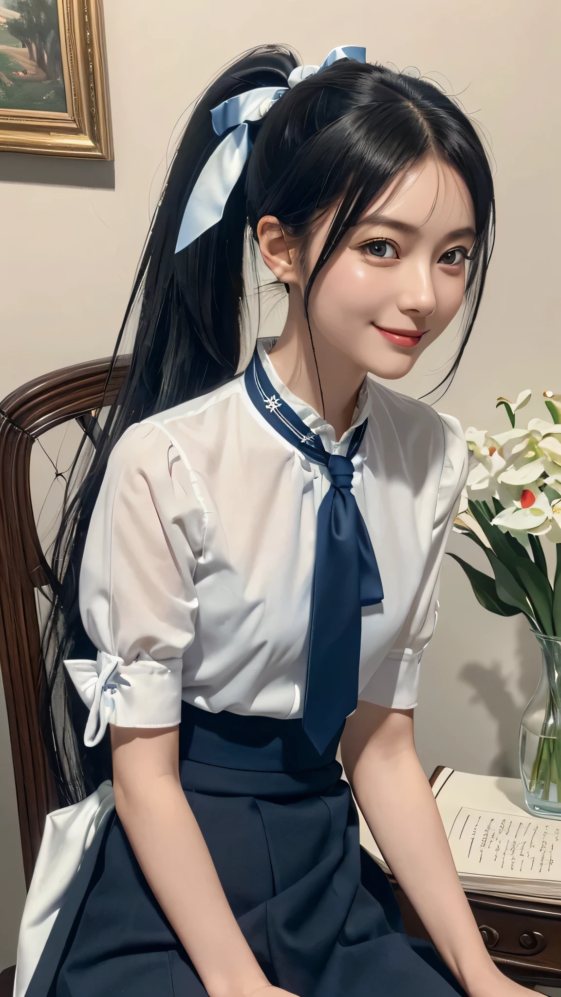 masterpiece, highest quality, High resolution, Very detailed, Detailed Background,(Fraurem Crom, (Black Hair, Semi-long hair, Blue ribbon in ponytail),(White blouse, Blue short ribbon tie, blue long skirt), small, Neat, Iris,study, A kind smile), Scale out, Chic study, vase