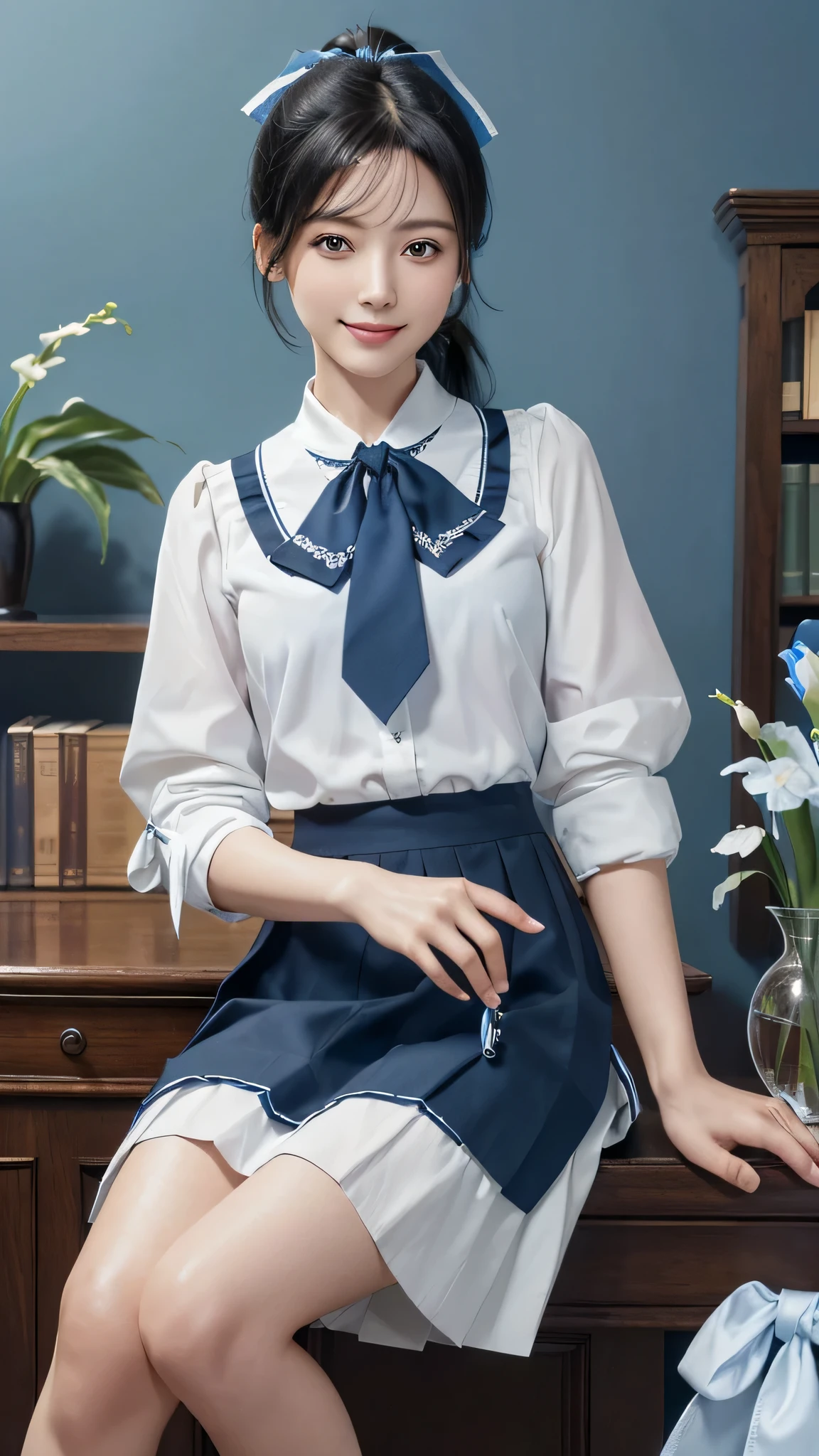 masterpiece, highest quality, High resolution, Very detailed, Detailed Background,(Fraurem Crom, (Black Hair, Semi-long hair, Blue ribbon in ponytail),(White blouse, Blue short ribbon tie, blue long skirt), small, Neat, Iris,study, A kind smile), Scale out, Chic study, vase