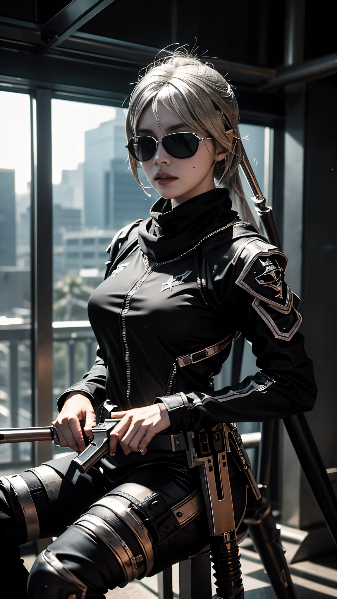 8K, UHD, masterpiece, 1 girl, detailed face, smart face, ((sunglasses)), detailed eyes, sniper rifle in hand, battleroyal, call of duty cosplay, call of duty modern warfare 3, ((ghost tribe)), ((silver and black cosplay:1.5)), belts, gun, methic gun, futuristic art, cyberpunk lihting, ultra extreme graphics, RTX 4090, ray tracing, bloom, depth of field, motion blur, sitting,