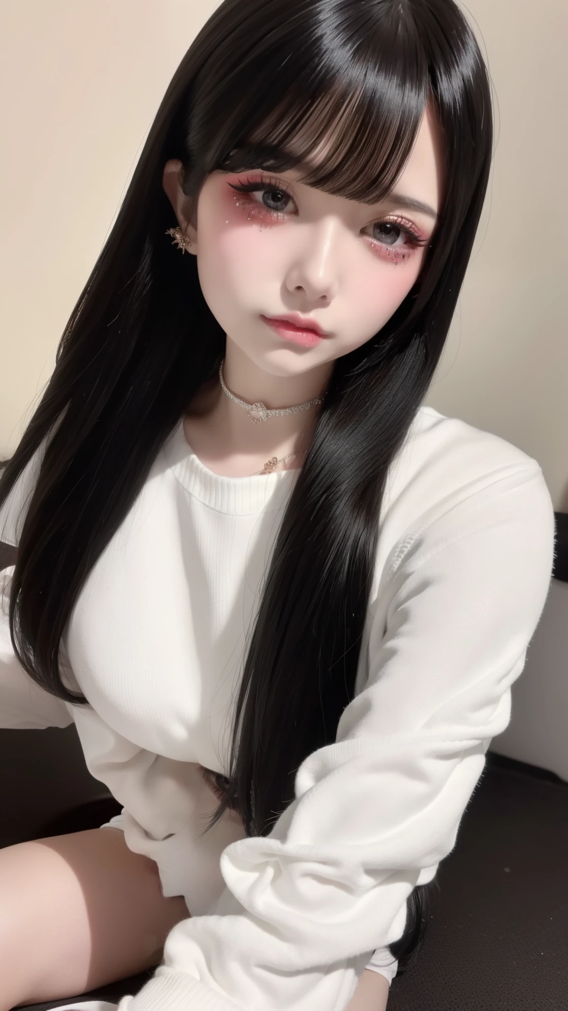 highest quality、8k、32k、masterpiece、Hmph:1.2)、One Girl、Long Hair Girl、Beautiful Japanese Woman、High Knee Socks、Black-haired、Heavy bangs、Long sleeve shirt、Hair length、Fluffy white sweater、Accentuate your 、D Cup,choker、(Mega Big Titai makeup, jirai girl, Glitter eye makeup)、From feet to head、