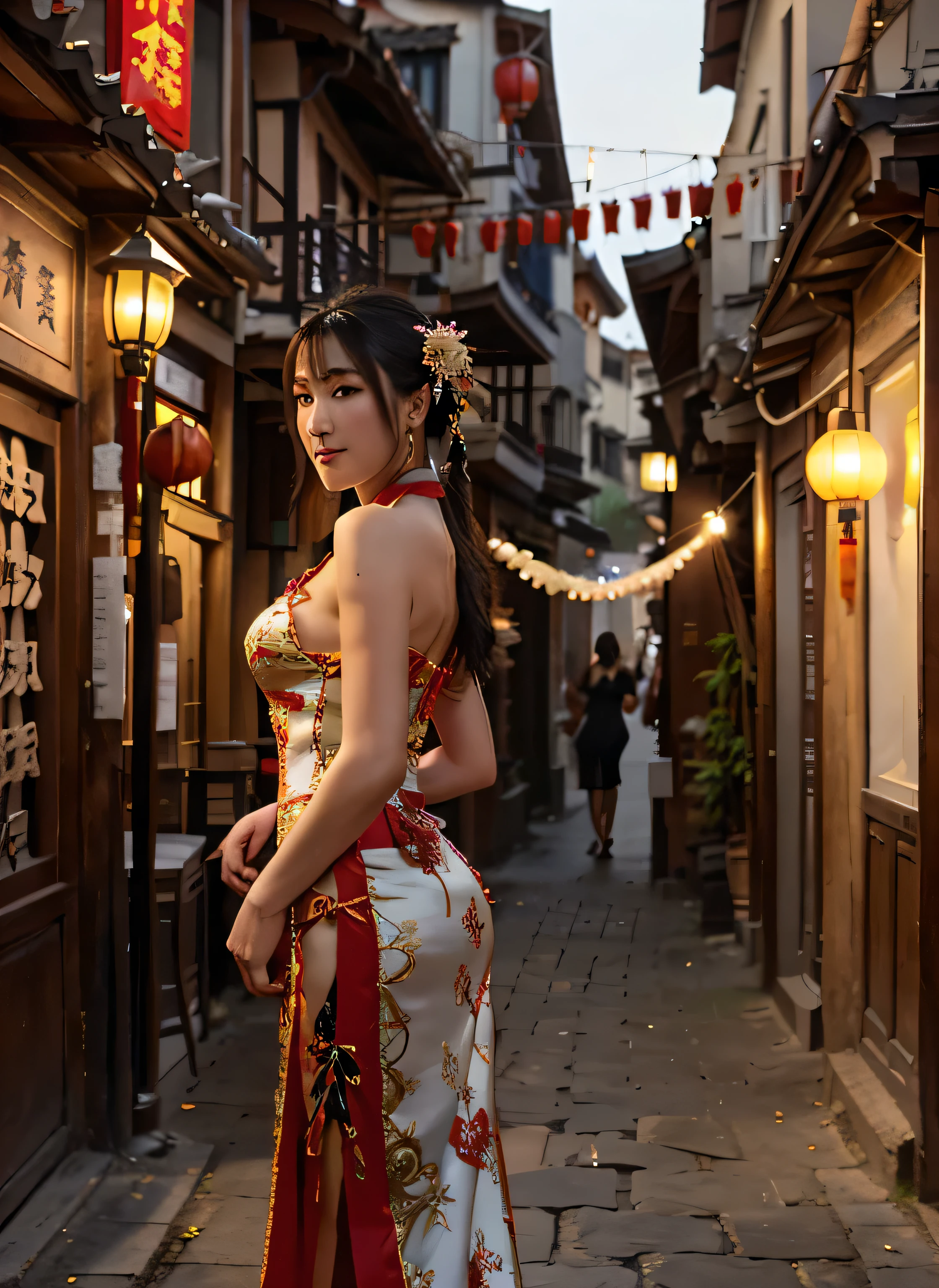 (in the center of a decorated street), Une belle femme, Debout au milieu de l'ancienne rue Jiufen, fetes dragon, tenue traditionel chinoise, jolie visage, beau corps, corps touts entier, seins moyens, ((non nu)), ((dressed chinese dress)), ((regarde face à l'objectic)), smirk

