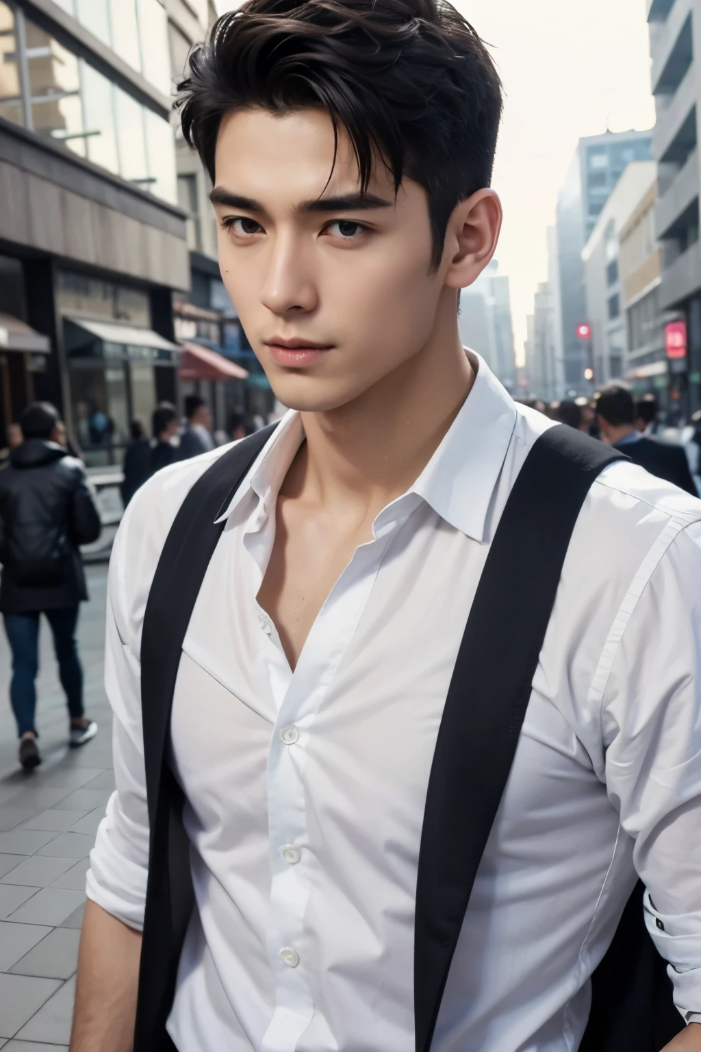 a very handsome man as if he came out of a men's shower gel advertisement, (wondering), shirt, active, on the street, crowded