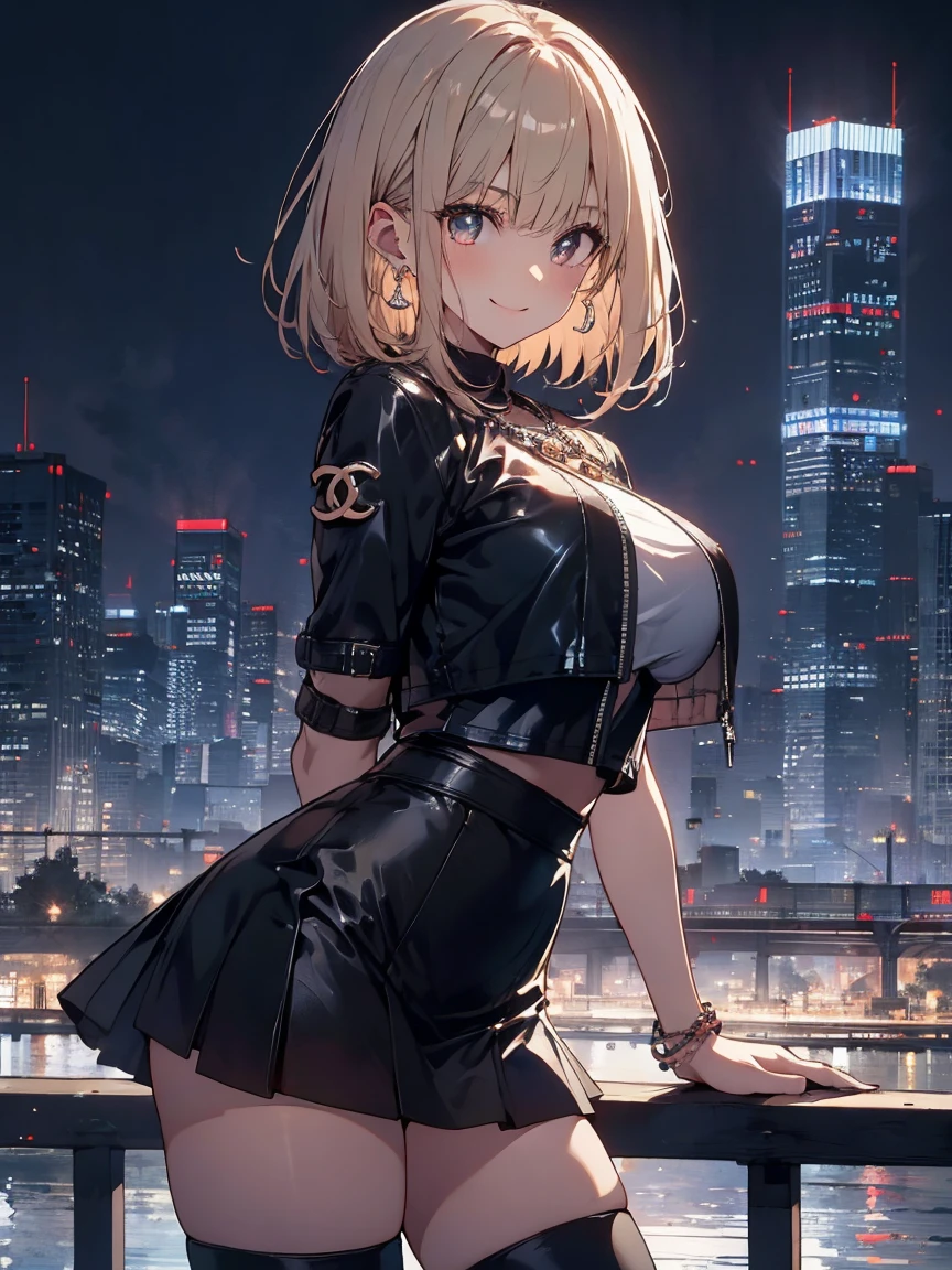 ((masterpiece)), ((best quality)), (ultra-detailed), ((adult)), anime style,(detail background),(1woman:1.0),(standing),(arms behind back),(leaning forward),(night),(in city),(beautiful skyscraper),(smile),(Black leather jacket),(T-shirt), (Leather mini skirt),(over knee boots:1.0),(Chanel Bag),(beautiful blond hair),(medium length hair),straight hair,blunt bangs,beautiful eyes,beautiful eyes,pendant,(ring earrings),(shiny hair),(makeup:0.8),(shiny skin:0.8),(large breast:1.1),(toned),(wide hips:1.0),add_detail:1, add_detail:0, add_detail:0.5