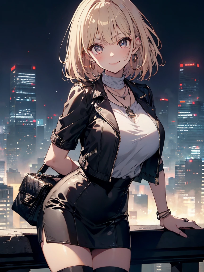 ((masterpiece)), ((best quality)), (ultra-detailed), ((adult)), anime style,(detail background),(1woman:1.0),(standing),(arms behind back),(leaning forward),(night),(in city),(beautiful skyscraper),(smile),(Black leather jacket),(T-shirt), (Leather mini skirt),(over knee boots:1.0),(Chanel Bag),(beautiful blond hair),(medium length hair),straight hair,blunt bangs,beautiful eyes,beautiful eyes,pendant,(ring earrings),(shiny hair),(makeup:0.8),(shiny skin:0.8),(large breast:1.1),(toned),(wide hips:1.0),add_detail:1, add_detail:0, add_detail:0.5